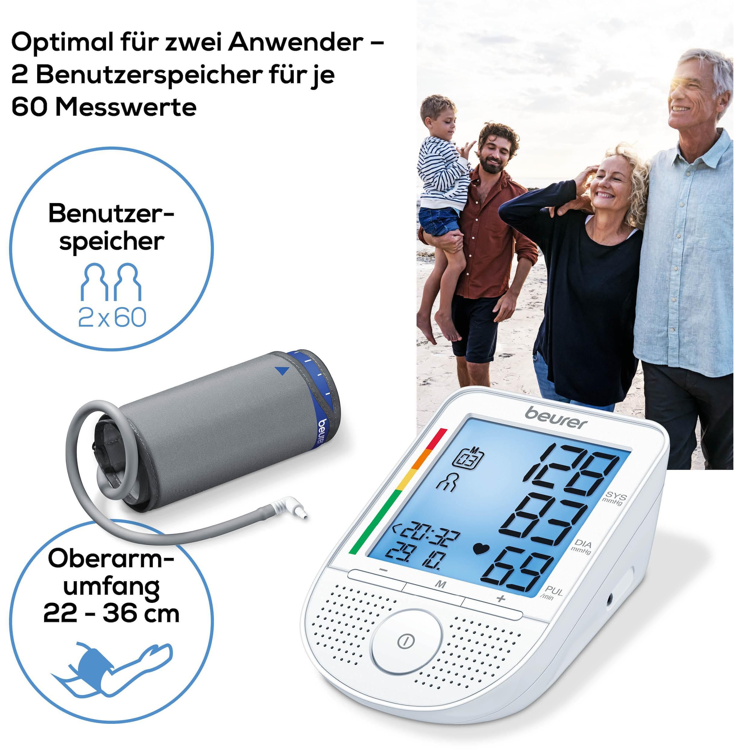 BEURER Oberarm-Blutdruckmessgerät »BM 49 mit Sprachausgabe in DE, FR, IT, NL«, Mit Arrhythmie-Erkennung, inkl. Aufbewahrungstasche und Blutdruckpass