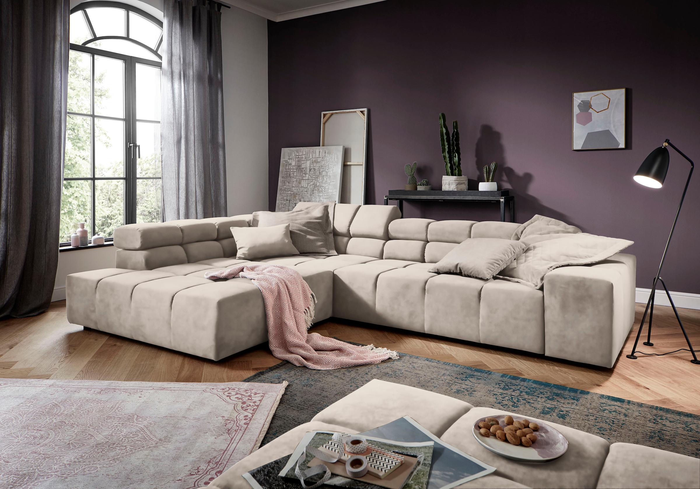 INOSIGN Ecksofa »Ancona incl. Kopfteilverstellung, Zierkissen Breite 319cm, L-Form«, wahlweise motorische Sitztiefenverstellung, auch in Cord + Easy Care