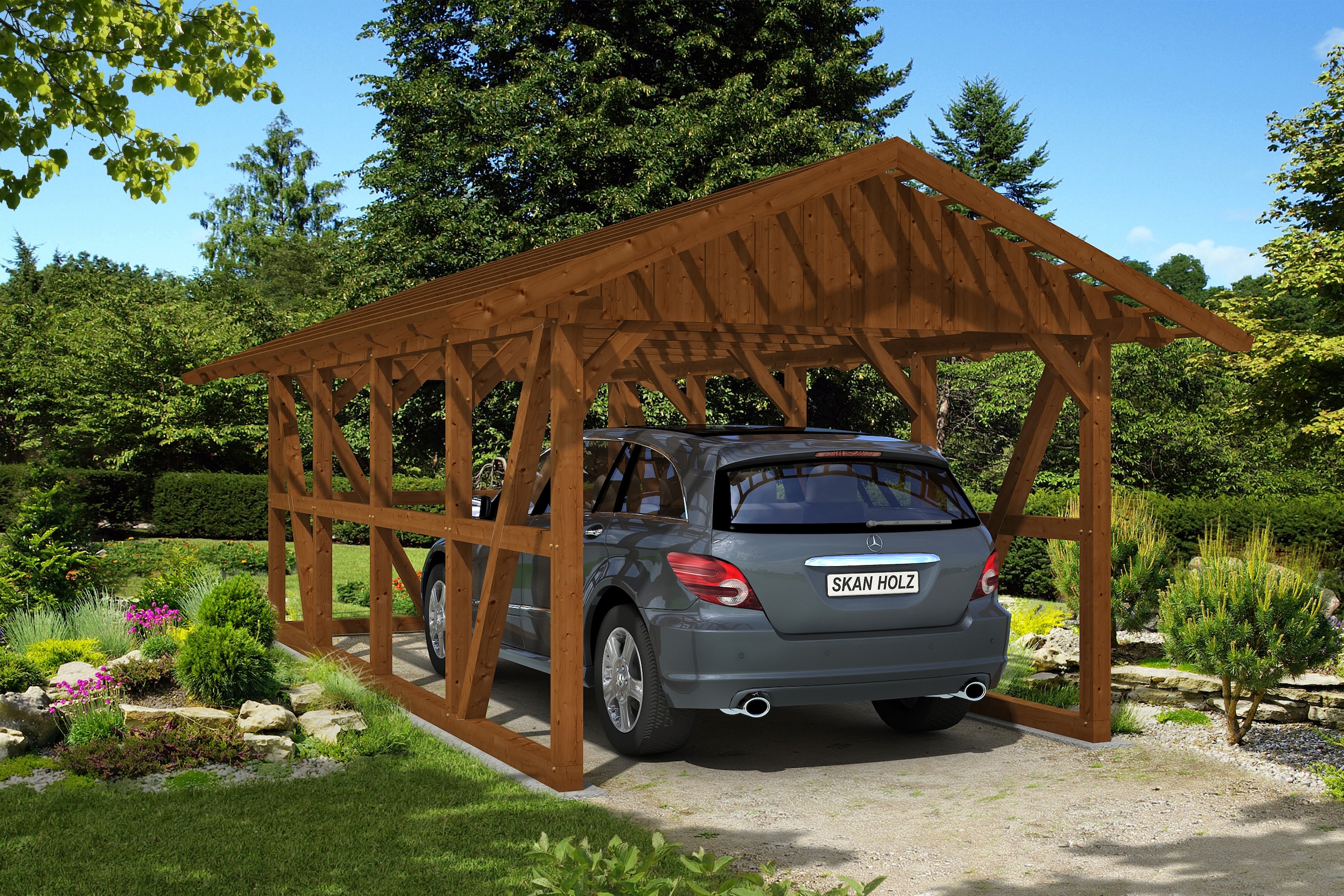 Skanholz Einzelcarport »Schwarzwald«, KVH-Fichte, 300 cm, Nussbaum, mit Dachlattung