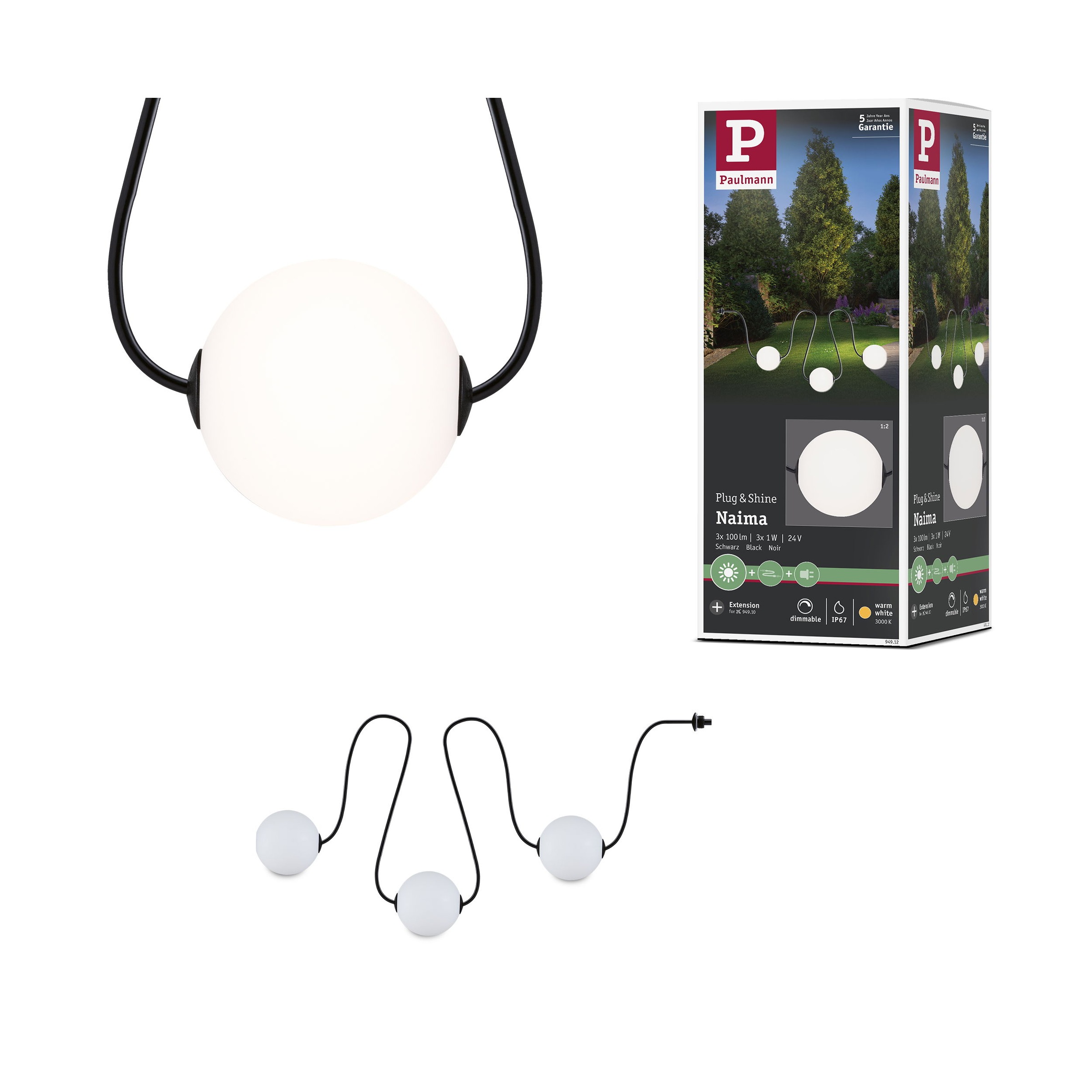Paulmann LED-Lichterkette »Naima IP67 3000K 3x1W 1,71m Schwarz« 3 Stk.-flammig dimmbar