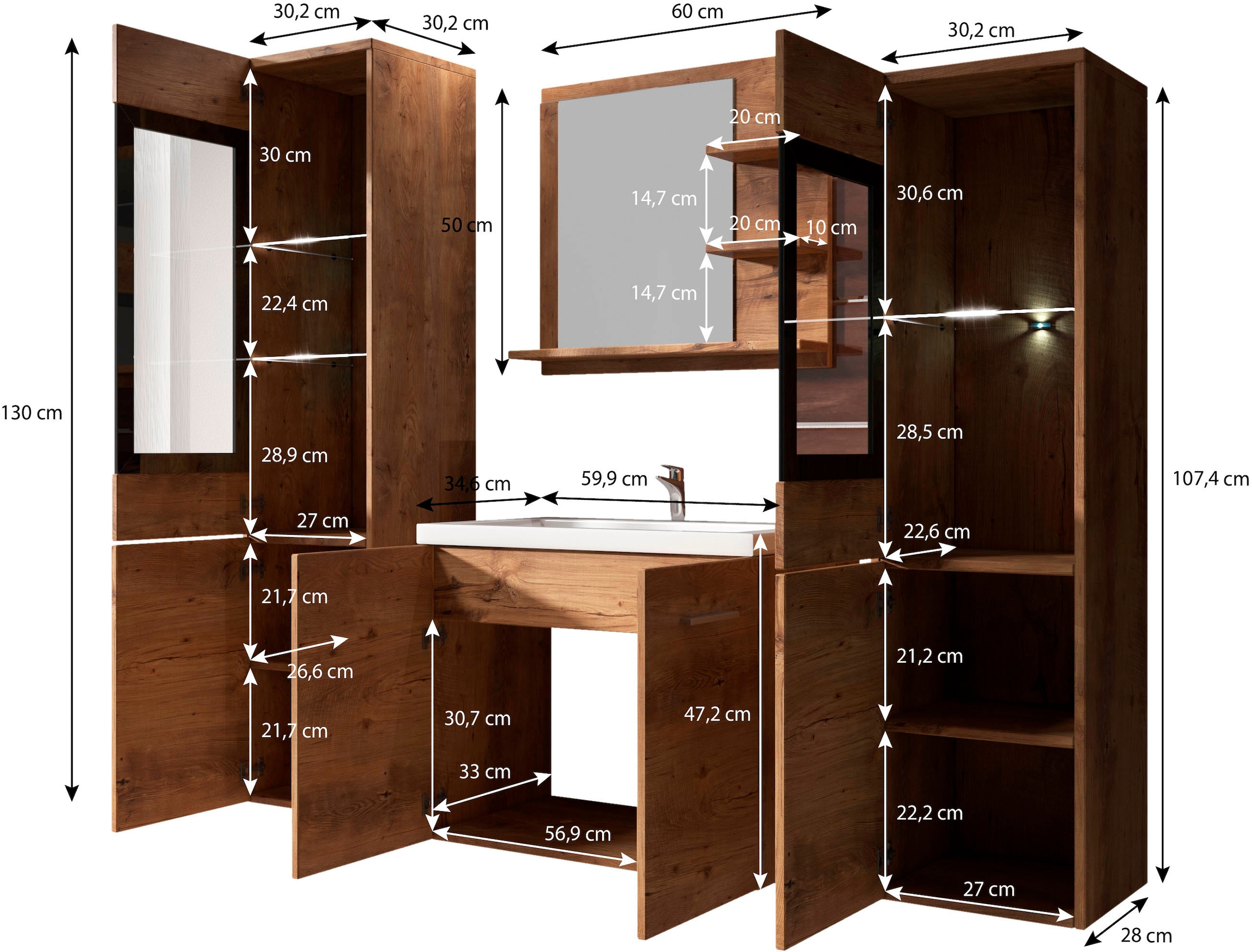 welltime Badmöbel-Set »MADRIT«, (Komplett-Set, 4 St., mit Waschbecken), Waschtisch inkl. Waschbecken, Badschrank, Hochschrank, Spiegel