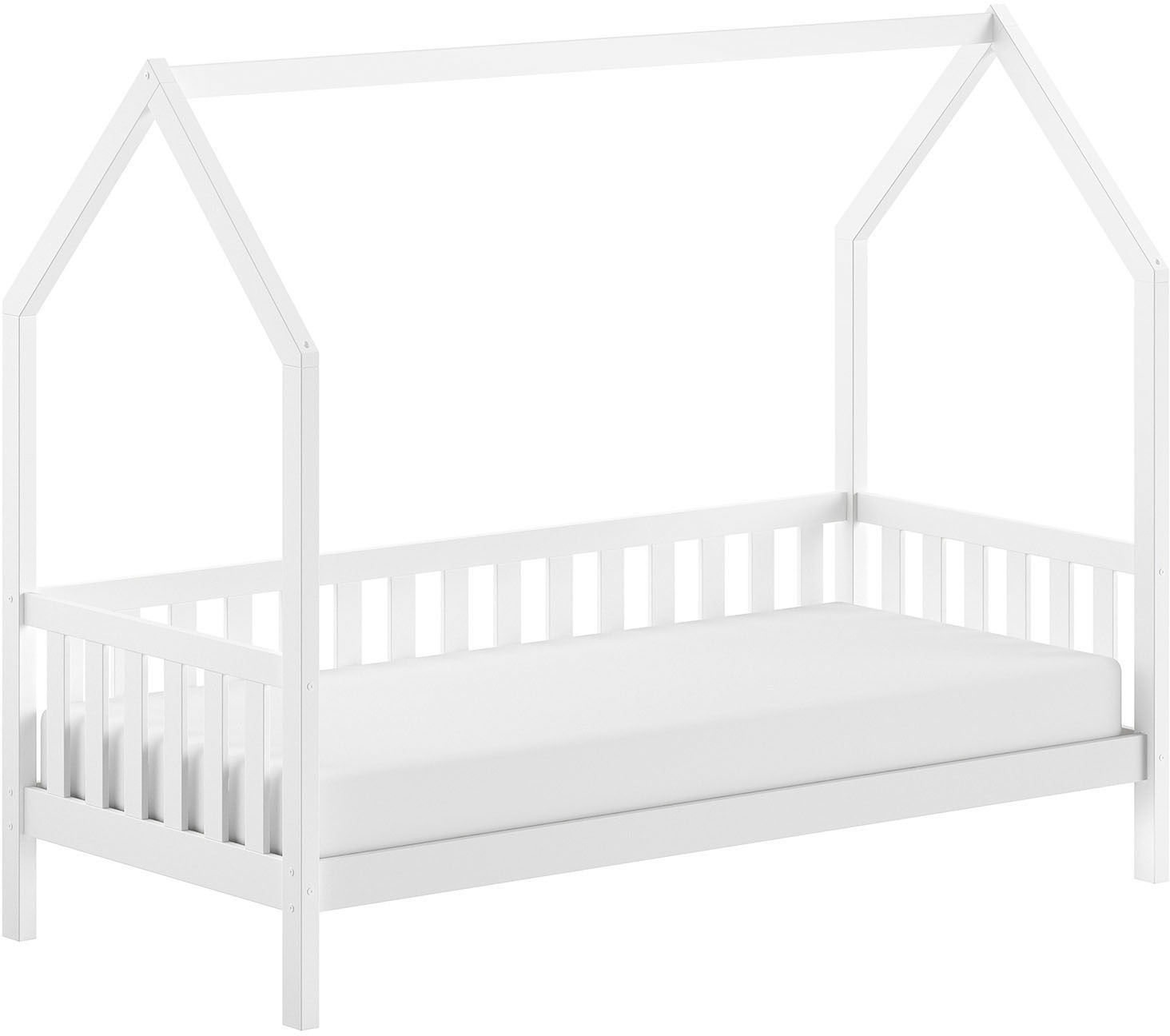 Hausbett VIPACK "Cabane, mit Dachaufbau, Bettschublade auf Rollen u. Sprossenumrandung", weiß (weiß, weiß, weiß), B:98cm H:169cm L:208cm, Betten, sehr stabil und standfest gebaut inkl. Massivholz Rolllattenrost 2