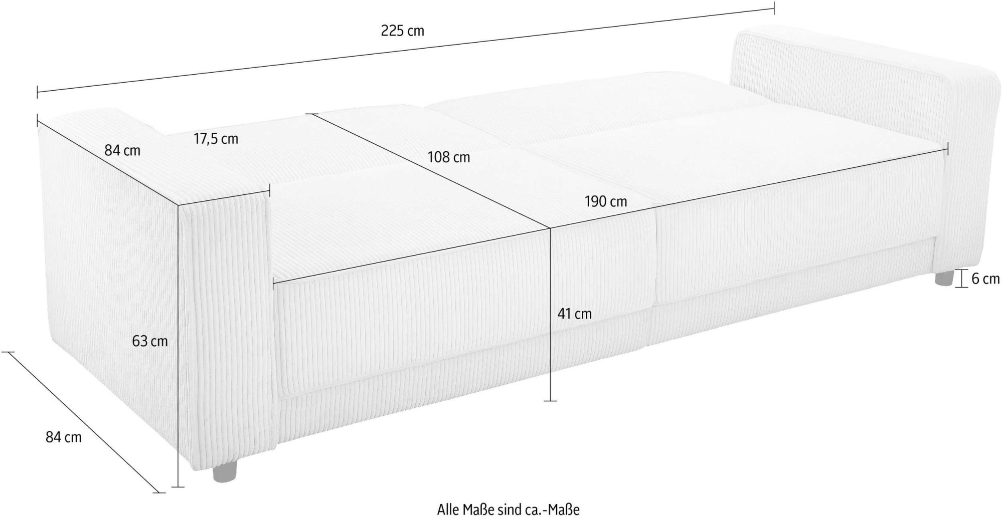 Dorel Home 3-Sitzer »Allie II Schlafsofa 225 cm«, Bett-Funktion (108/190cm), Rückenlehne 2-teilig, mit Steppung