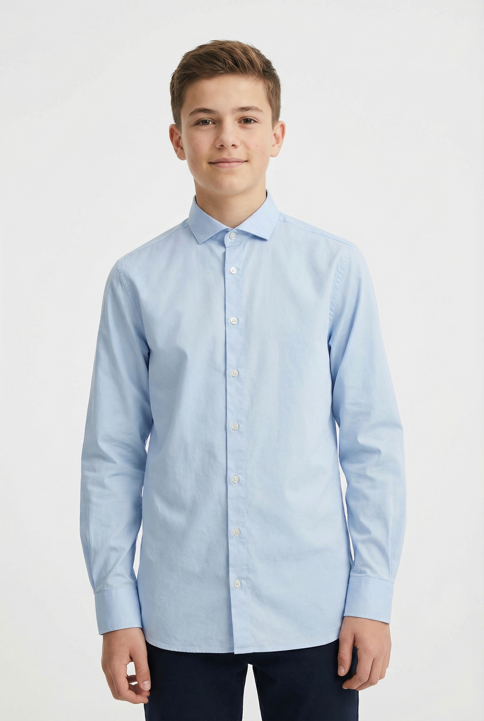Langarmhemd JACK & JONES JUNIOR "JJEAXEL elastisch und einfach kombinierbar", Jungen, Gr. 152, N-Gr, blau (cashmere blau), Web, Obermaterial: 97% Baumwolle, 3% Elasthan, unifarben, regular fit Po-bedeckend, 2-Knopf-Manschette, Hemden, unifarben, modisch, 