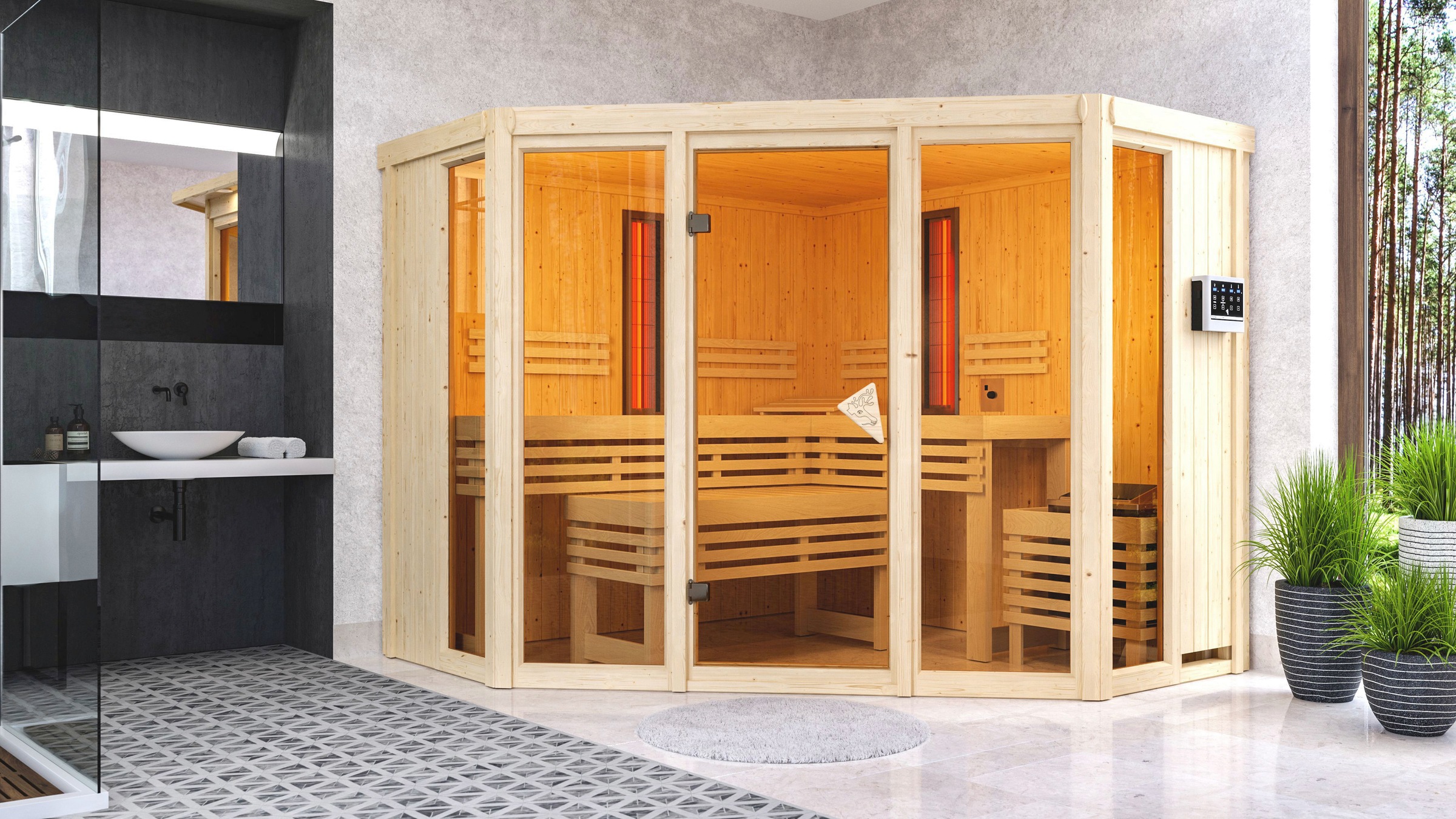 Karibu Sauna »Adele«, 9-kW-Bio-Ofen mit ext. Steuerung, 2 Infrarot-Vitalight-Strahlern