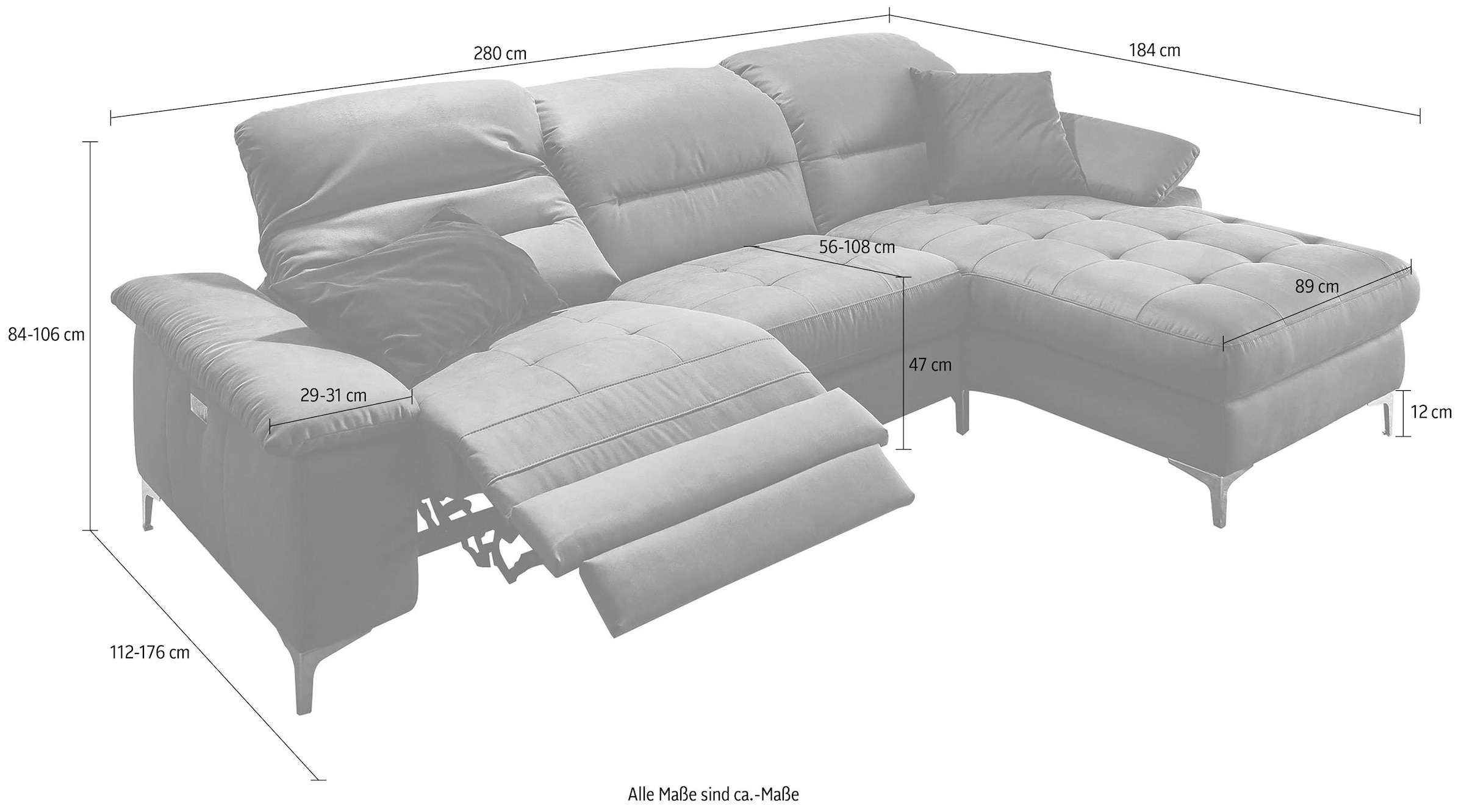 Places of Style Ecksofa »Basel L-Form«, mit vollmotorischer Relaxfunktion und motorischer Recamiere
