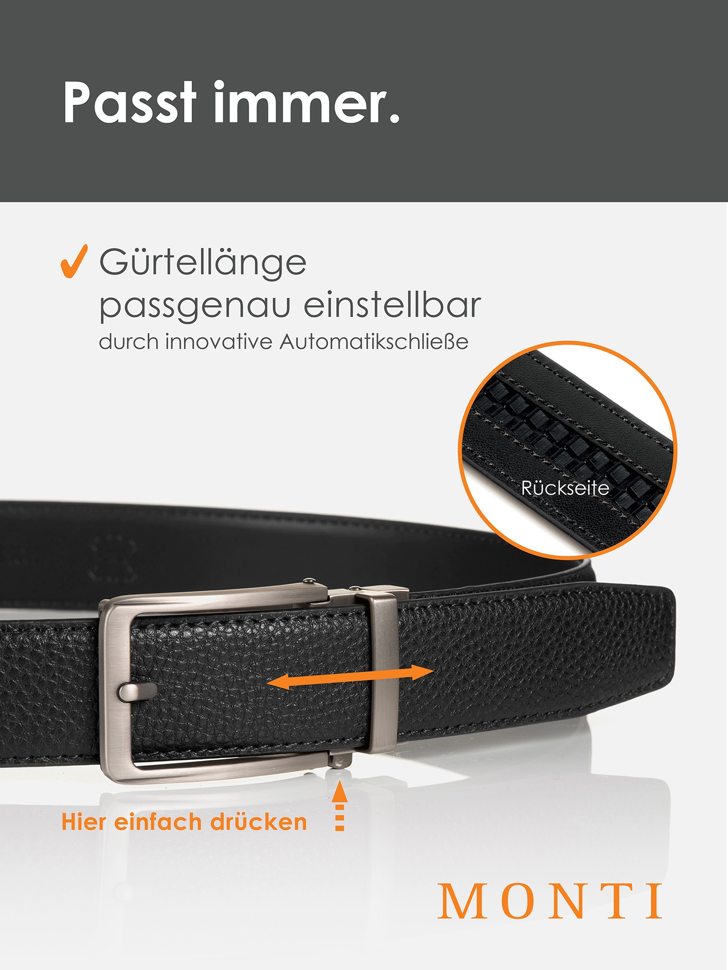 MONTI Ledergürtel, 3,5 cm breit, Klassisch-Business, Automatikschließe - Passt immer