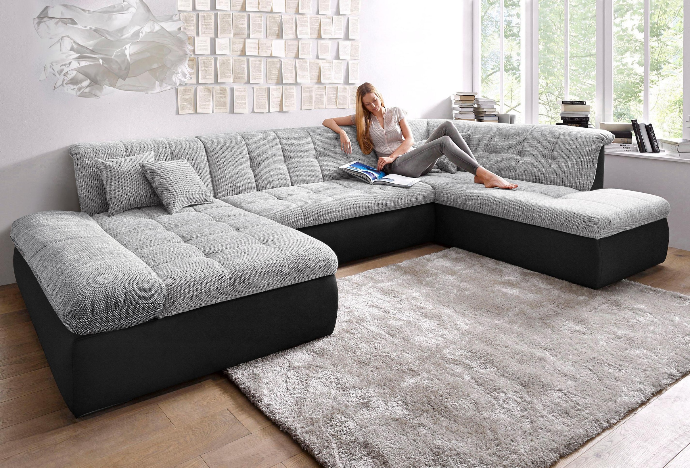 DOMO collection Wohnlandschaft "MORIC 353x216x80 cm, mit viel Platz, U-Form, auch in Cord" im XXL-Format, wahlweise mit Bettfunktion und Armlehnenverstellung