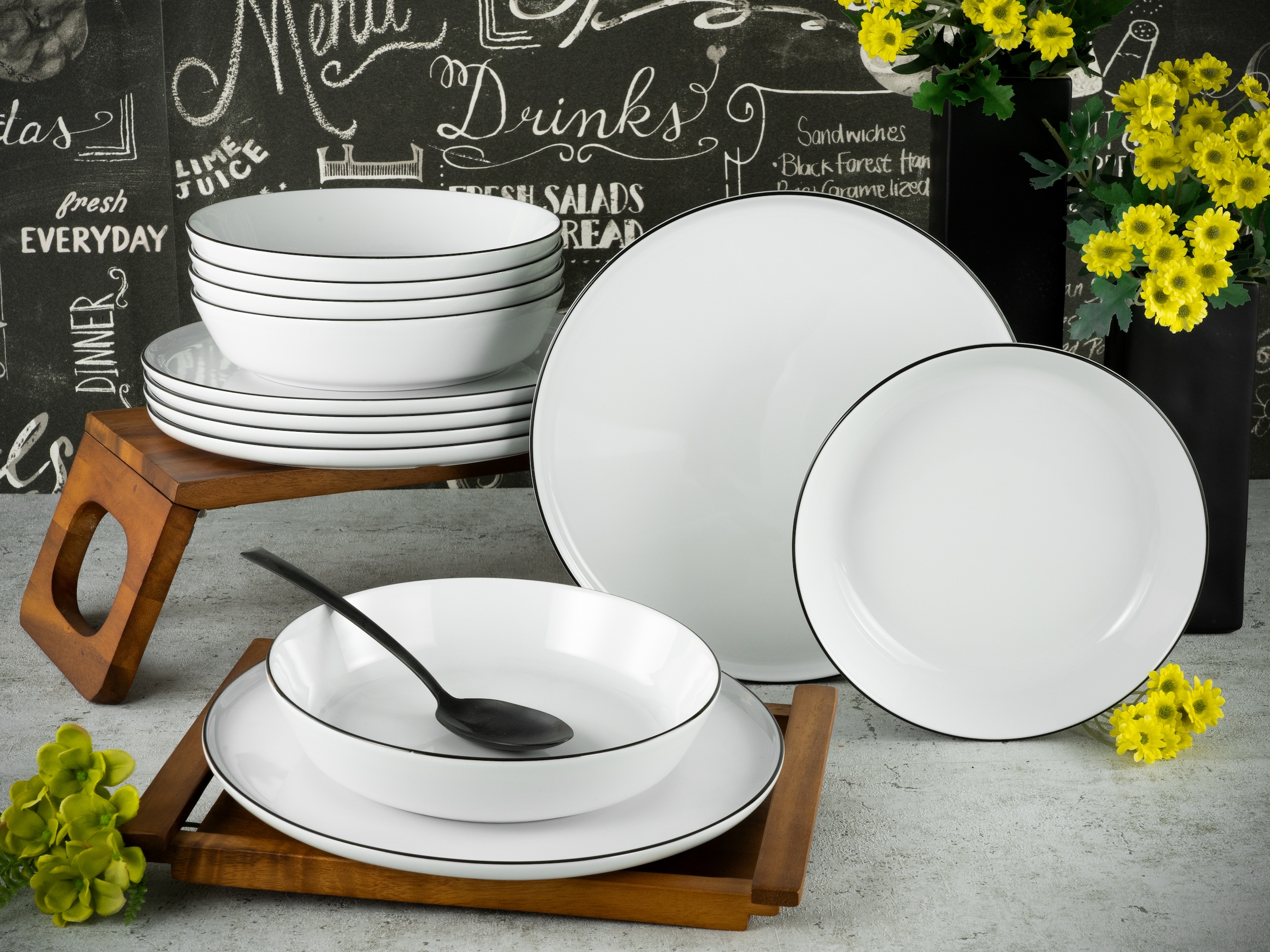 CreaTable Tafelservice »Chef Collection Black Line, Tafel-Service 12-tlg«, (Set, 12 tlg.), Daily Use, Zeitlos