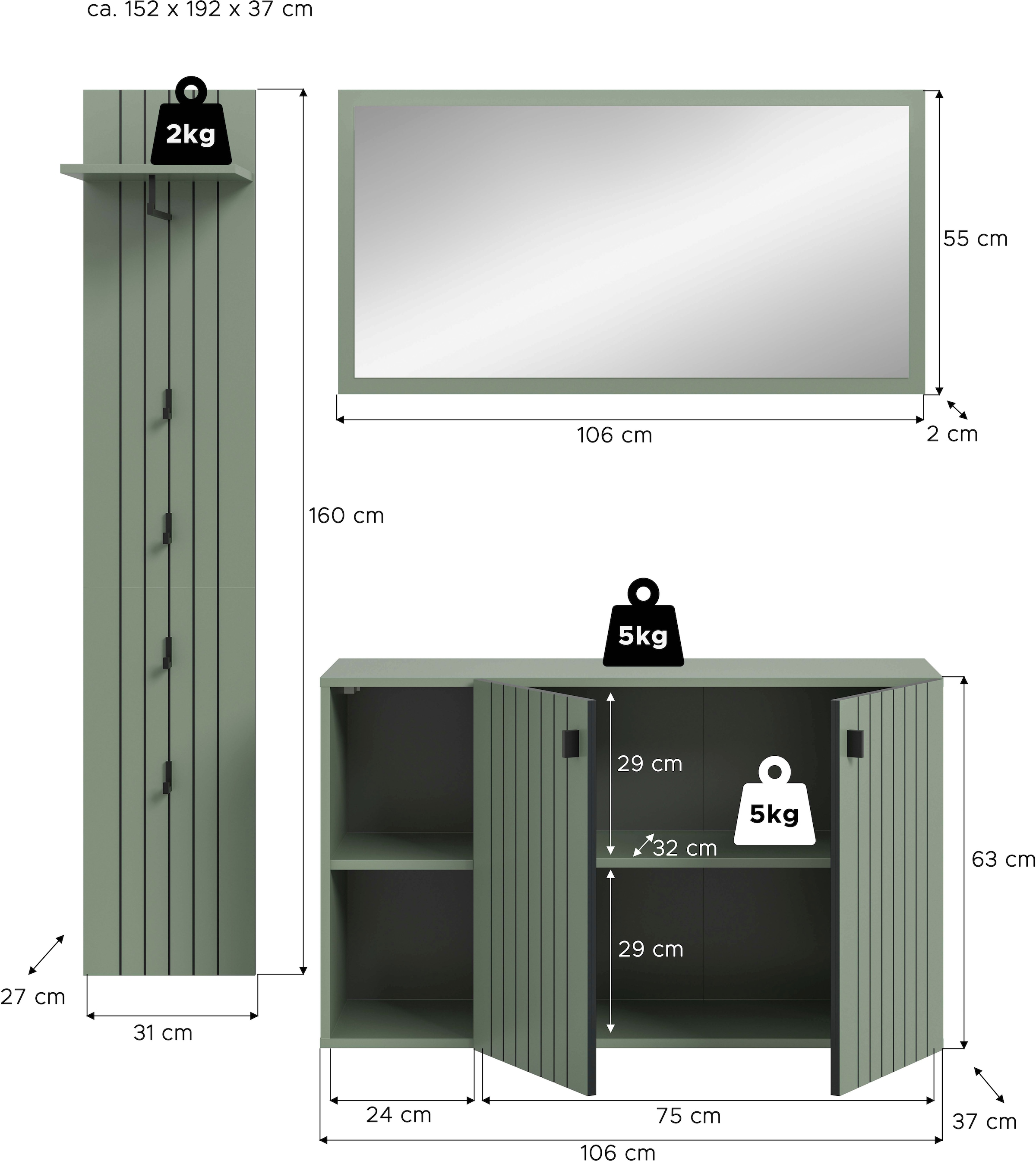 INOSIGN Garderoben-Set »TATIO, 3-tlg. Garderobenkombination, Breite: 152 cm, Rilenfräsung« Set, Set, best. aus: 1 Garderobenpaneel, 1 Spiegel, 1 Schuhkommode, 3 Stk. tlg.