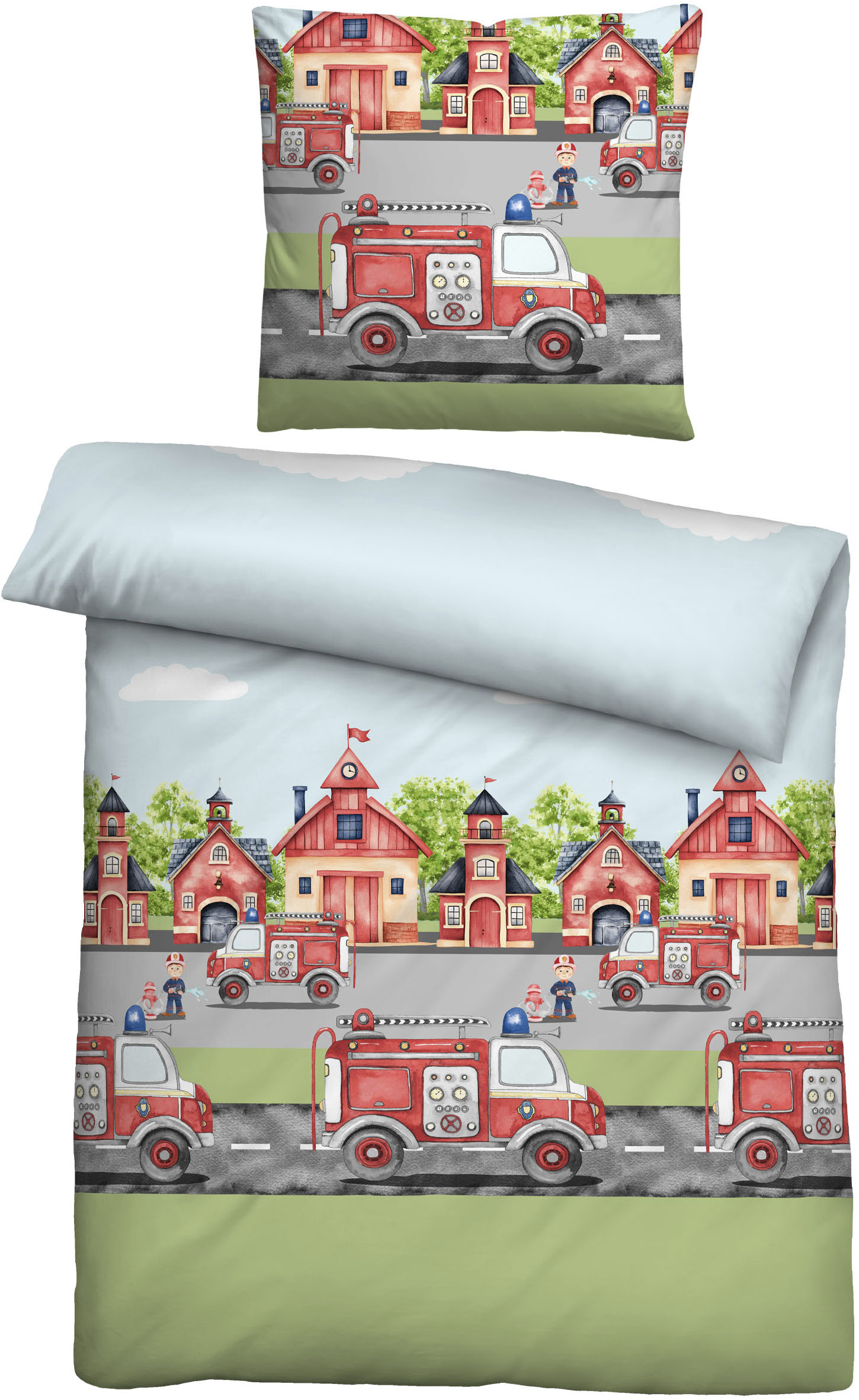 Biberna Kinderbettwäsche "0004523 Feuerwehr" 2 Stk. wohlig warm + weich, pflegeleicht, 100% Baumwolle, Reißverschluss