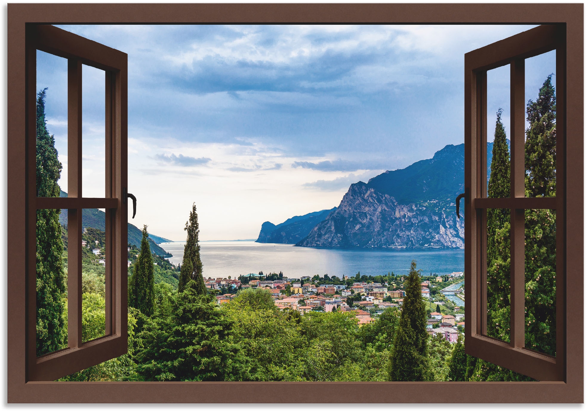 Artland Wandbild "Gardasee durchs braune Fenster", Seebilder, (1 St.), als Alubild, Outdoorbild, Leinwandbild, Poster in