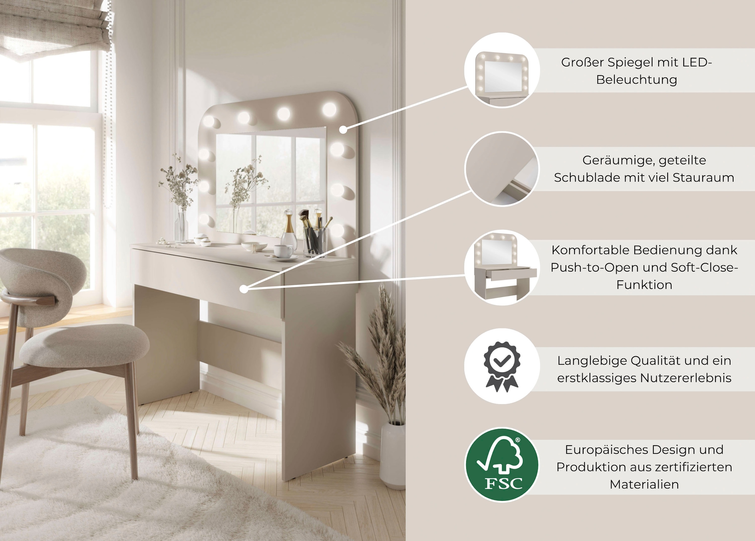 OTTO home Schminktisch »NANCY, BE A STAR! Hollywood Spiegel mit Beleuchtung und Schublade« B/T/H: 100/42,5/142cm,  Kosmetiktisch mit viel Stauraum, LED, Soft-Close,