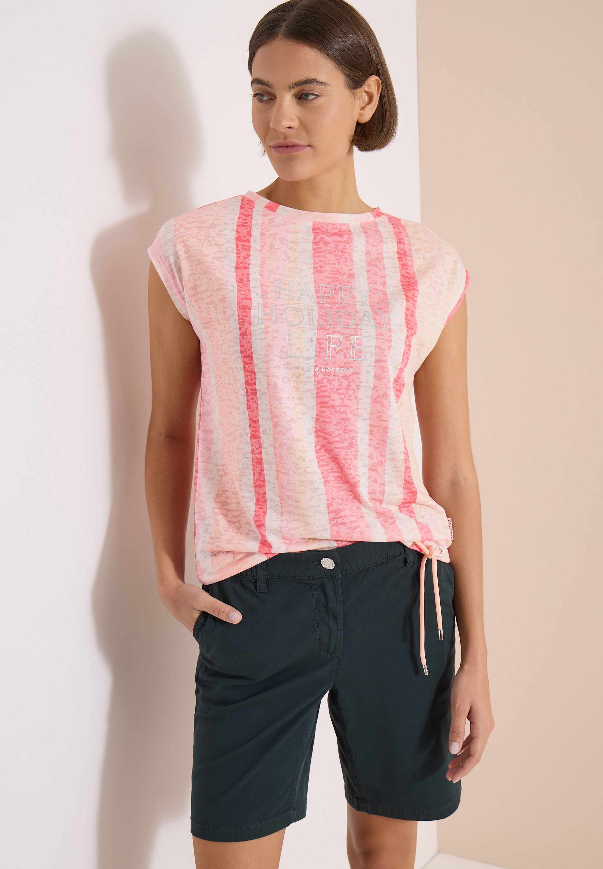 Cecil Kurzarmshirt Sommershirt in Ausbrenner-Optik/Streifen-Muster