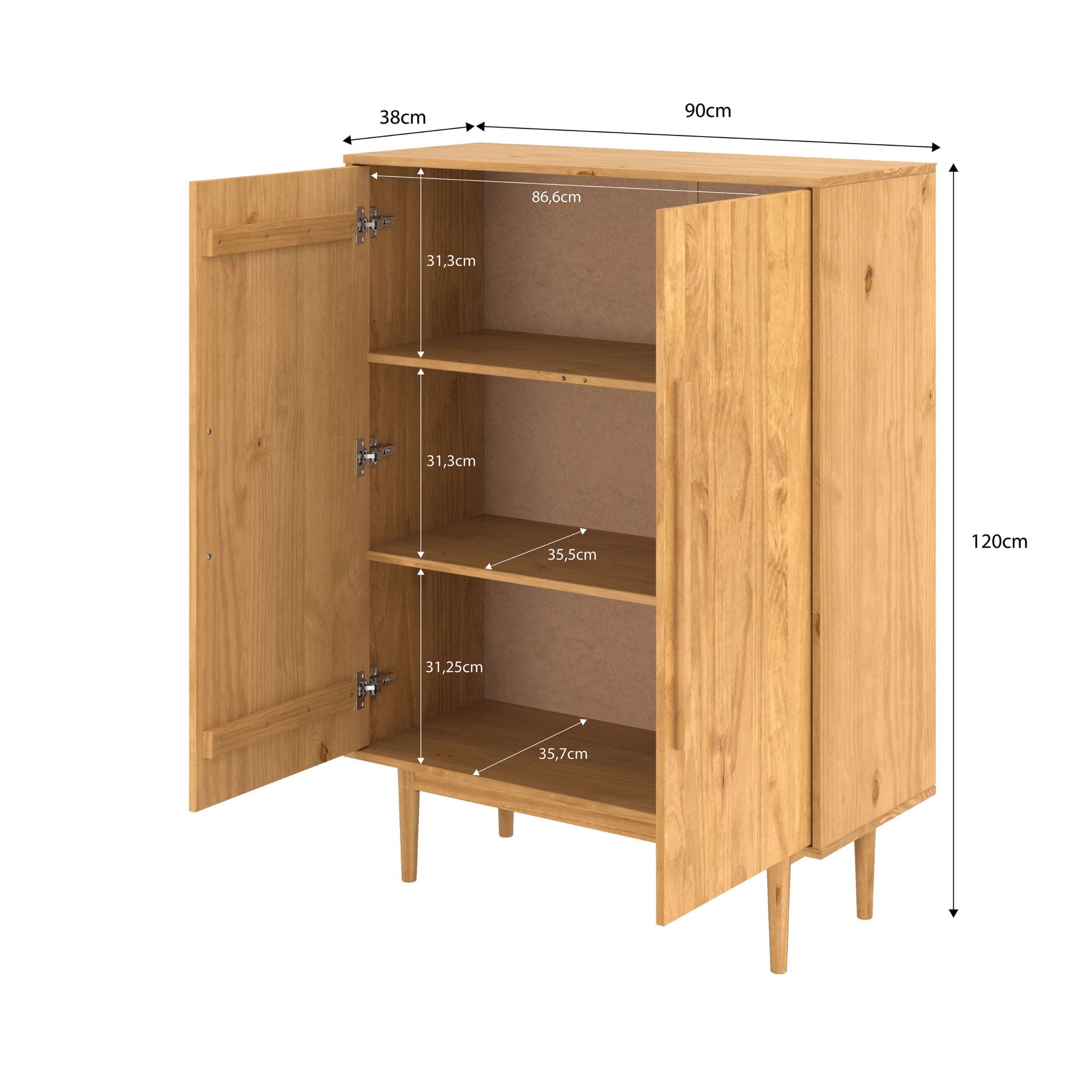 OTTO home Highboard »Vara, Kommode mit 2 Türen und 2 variabel einsetzbare Einlegeböden« aus massivem Kiefernholz, mit 2 Einlegeböden, Breite 90cm, Höhe 120cm