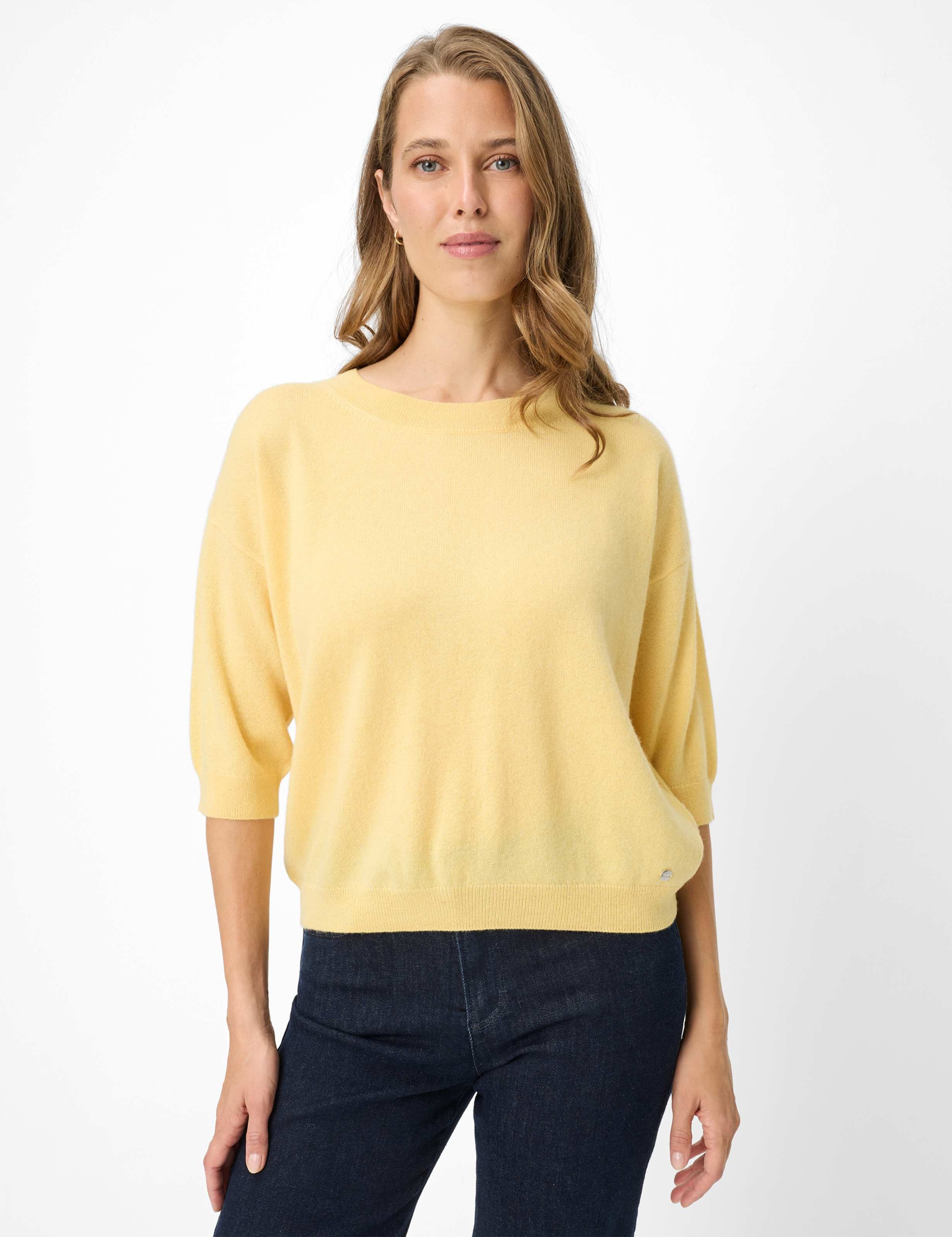 Strickpullover BRAX "Style LISA", Damen, Gr. 46, gelb, Strick, 100% Kaschmir, Rundhals, Pullover Strickpullover