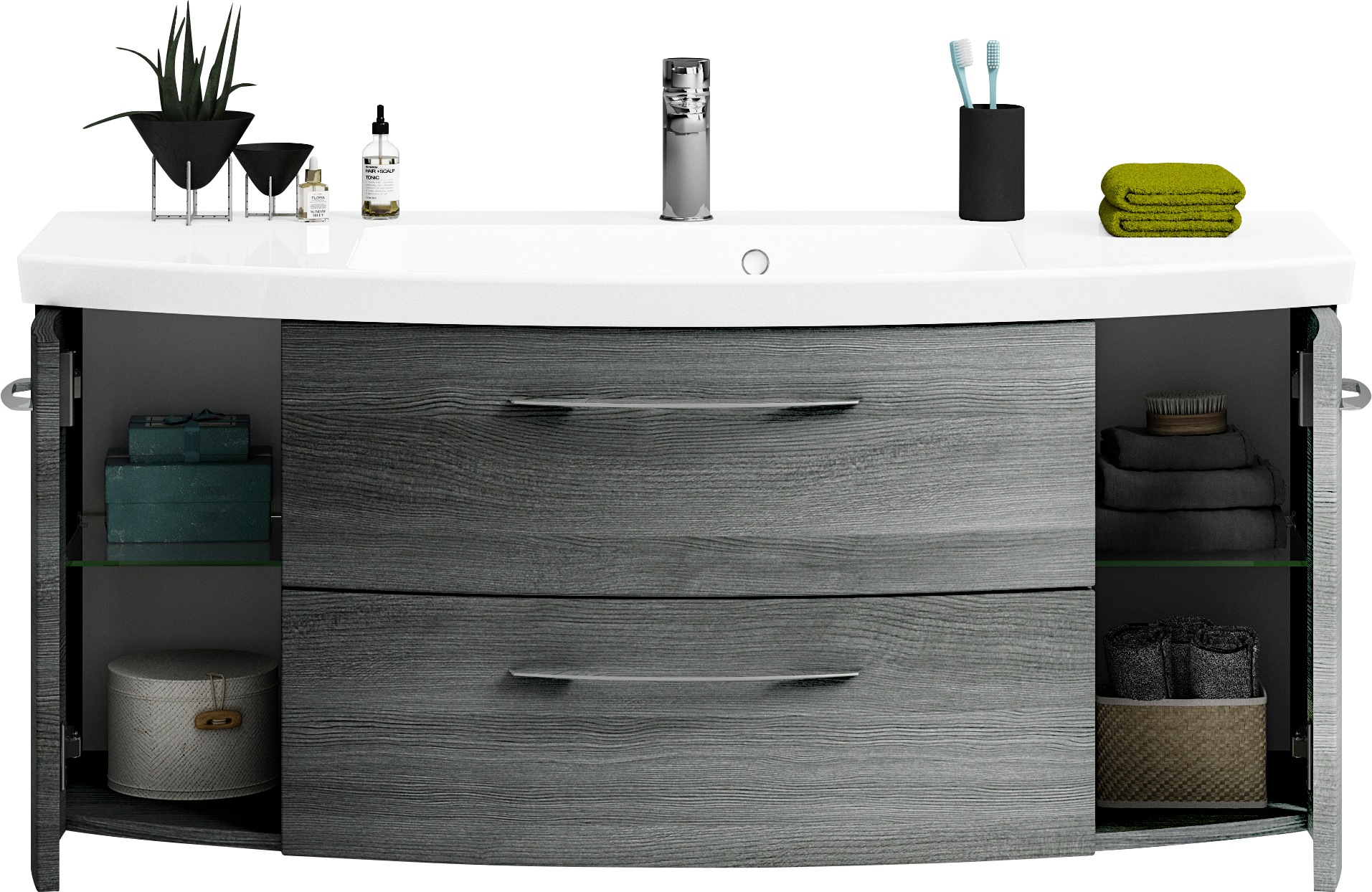 Saphir Badmöbel-Set »Cassca Sprint 2-teilig Mineralmarmor-Waschtisch mit LED-Spiegelschrank«, (2 St.), Waschplatz 121 cm breit mit 5 Türen, 2 Schubladen, inkl. Türdämpfer