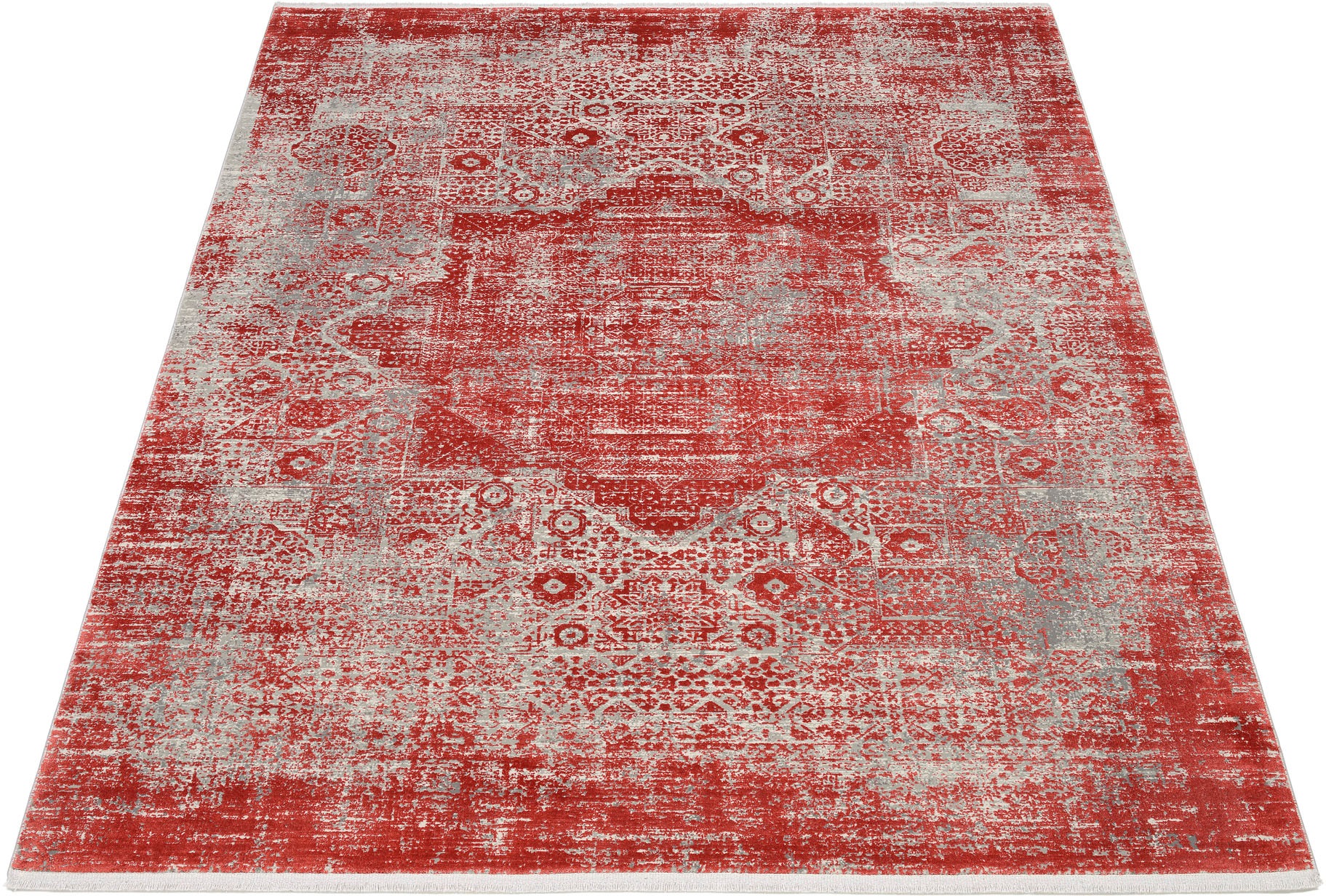 Teppich OCI DIE TEPPICHMARKE "COLOUR MEDI", rot, B:160cm H:8mm L:230cm, Polyacryl, Viskose, Teppiche, Teppich, Glanz Viskose, mit Fransen, Hoch Tief Struktur, Vintage, Wohnzimmer