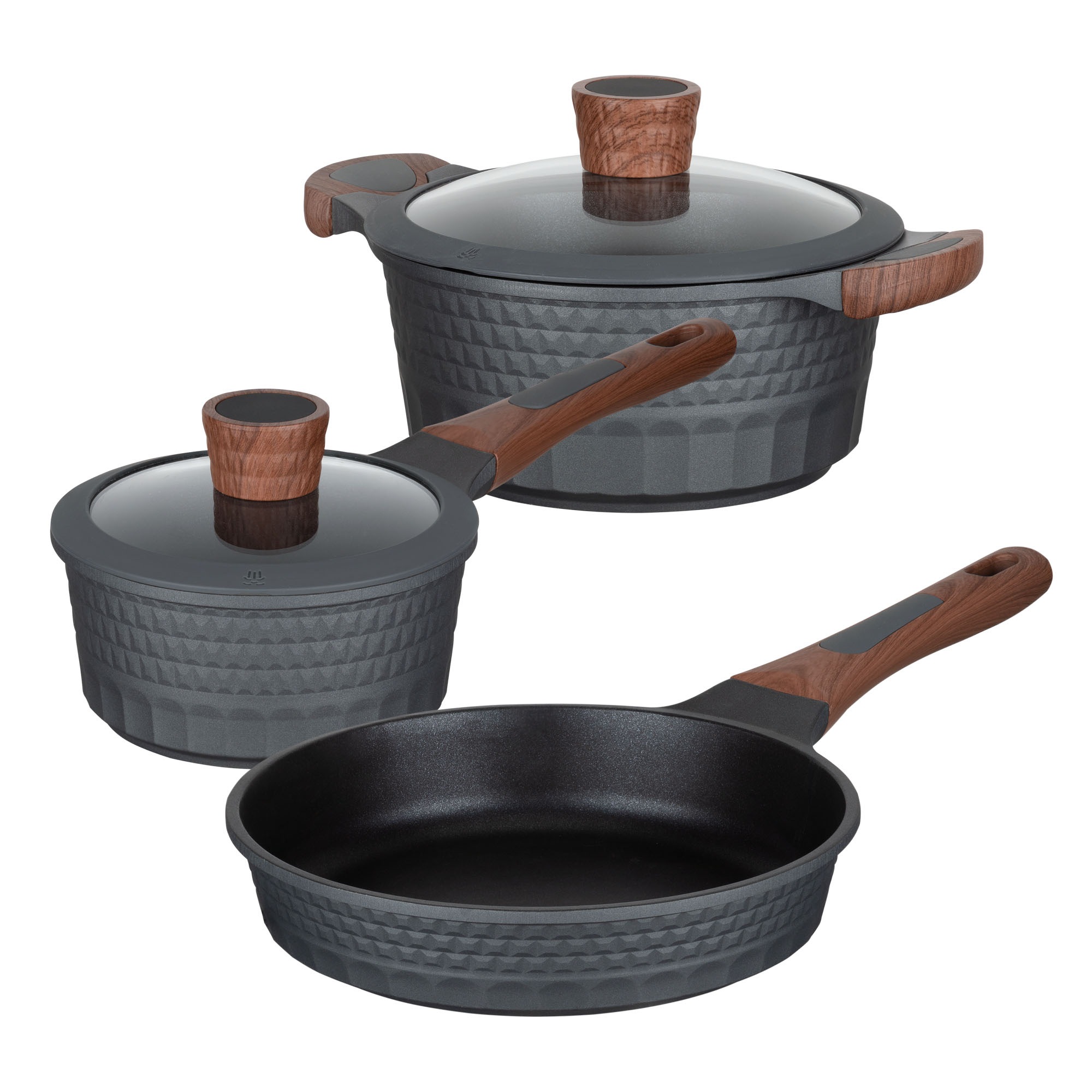 RESTO Kitchenware Topf-Set "CAPELLA - Einzigartiges Design mit 3D-Effekt, antihaftbeschichtet" Set, 1x Soßentopf Ø 16 cm, 1x Kochtopf Ø 20 cm, 1x Pfanne Ø 24 cm, 5 tlg. Aluminiumguss