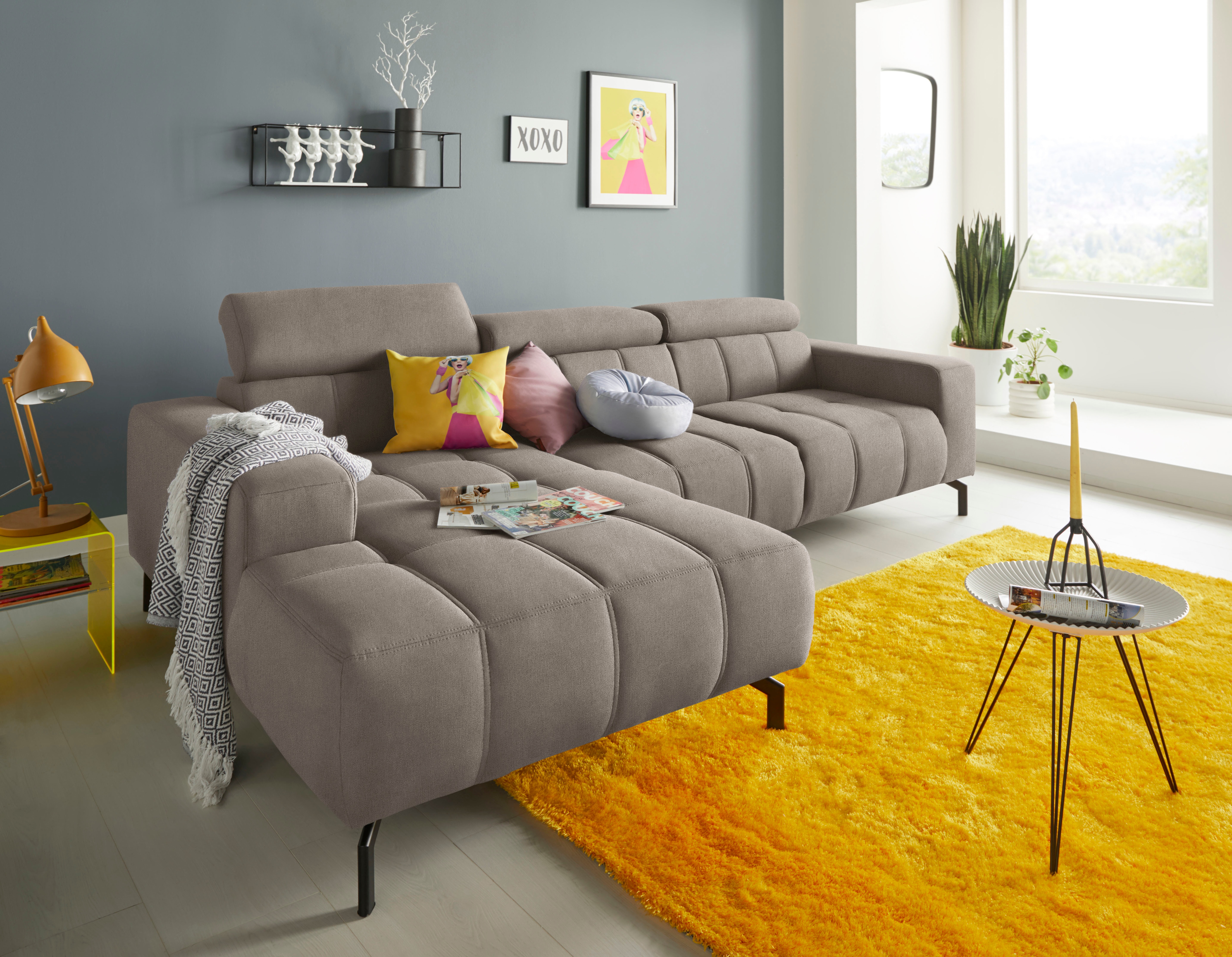 DOMO collection Ecksofa "Cunelli tolle Sitznähte als Designelement, fester Sitzkomfort, L-Form" whlw. verstellbare Kopfteile, passend für gängige Saugroboter