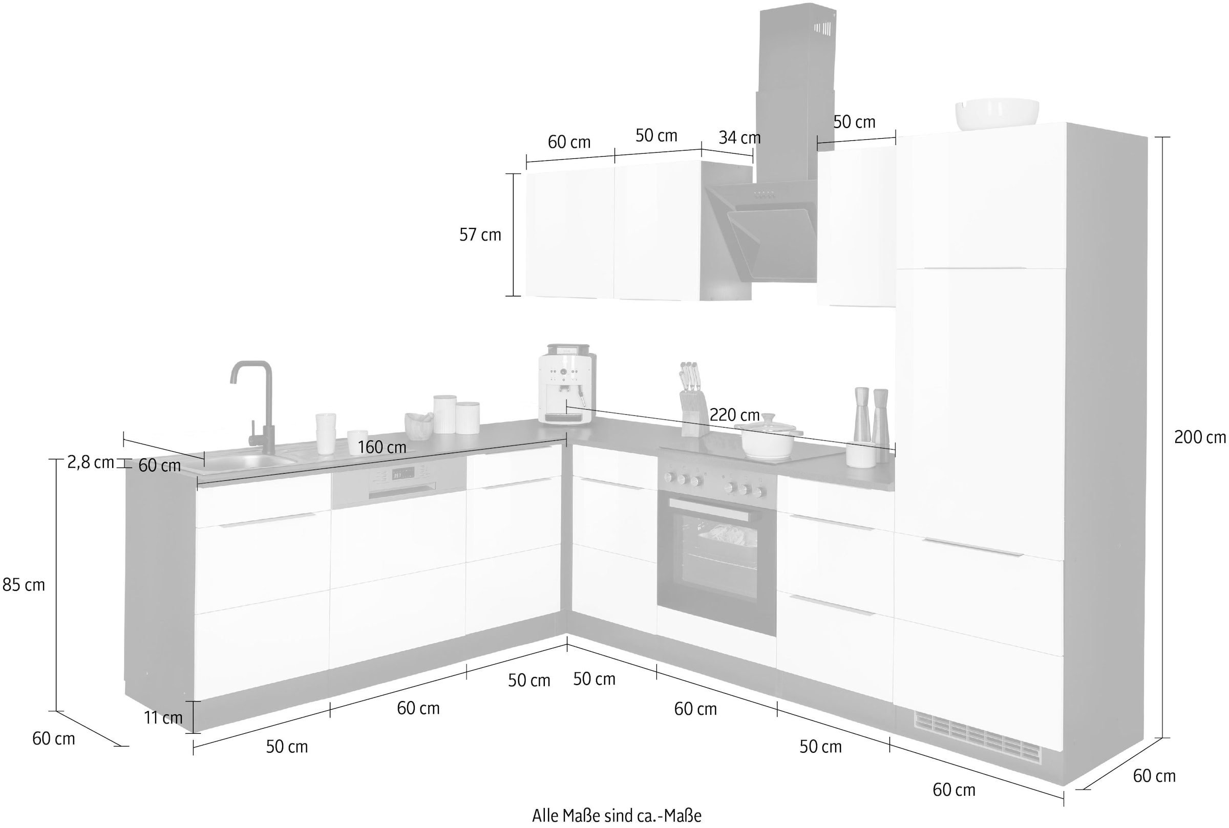 KOCHSTATION Winkelküche »KS-Brindisi«, Stellbreite 220/280 cm, wahlweise mit E-Geräten, mit MDF-Fronten
