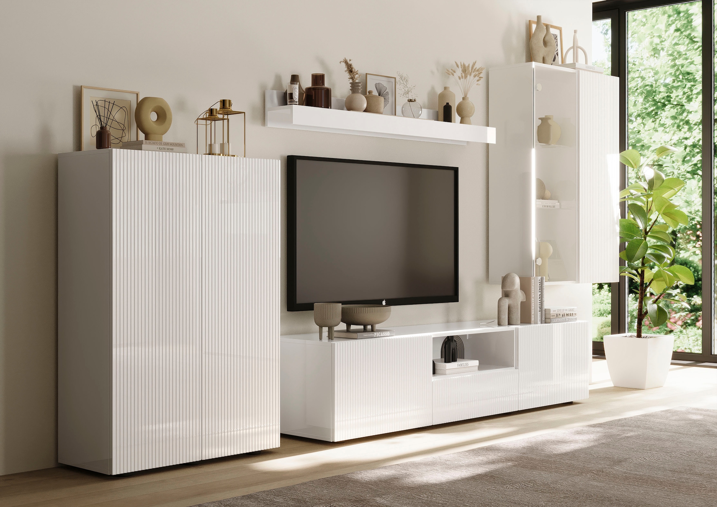 INOSIGN Wohnwand »Rio, 4tlg. Breite 300 cm, modernes, elegantes Wohnzimmer-Set«, (4 St.), (Lowboard, Highboard, Hängevitrine, Wandboard), MDF-Fronten geriffelt