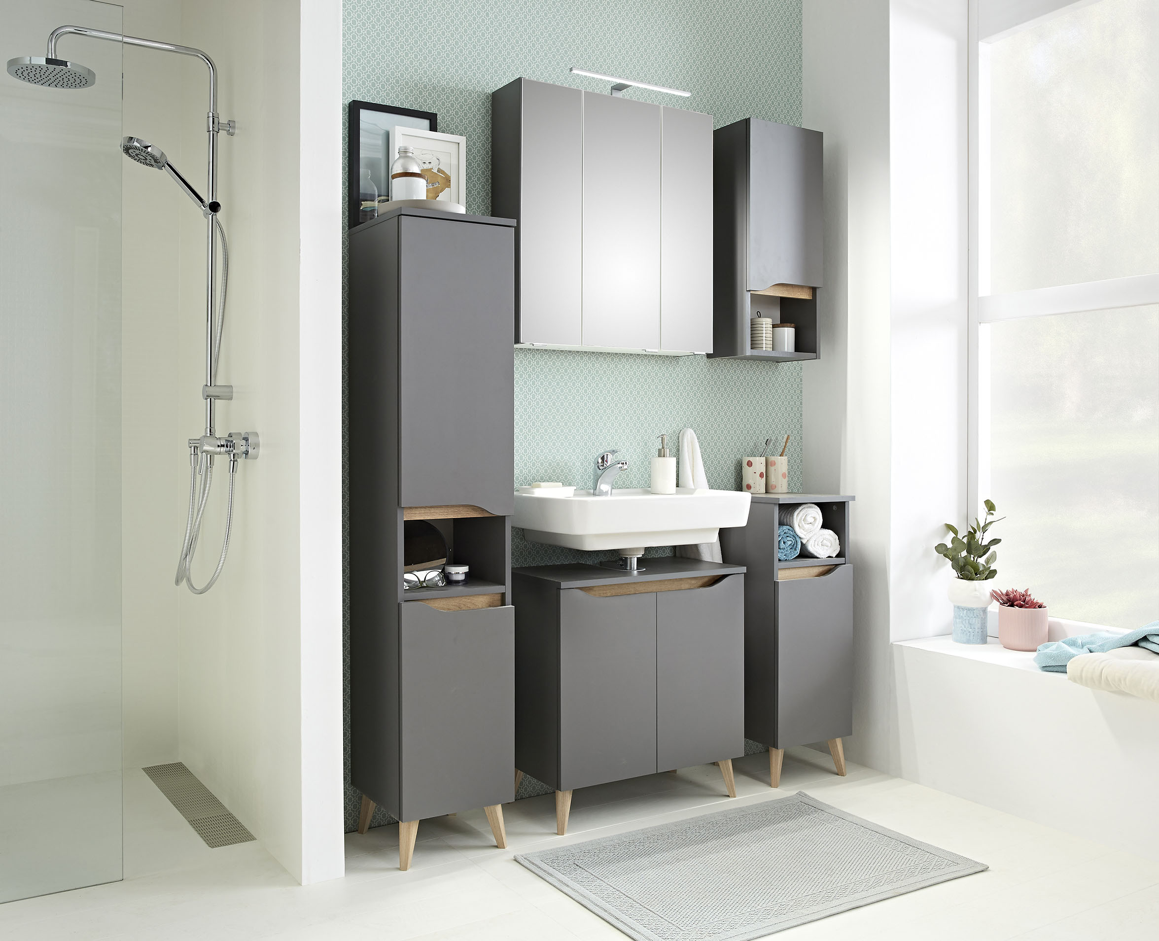 Thumbnail - Saphir Badmöbel-Set "Quickset 5-teilig Waschbeckenunterschrank und LED-Spiegelschrank" 5 Stk. tlg.