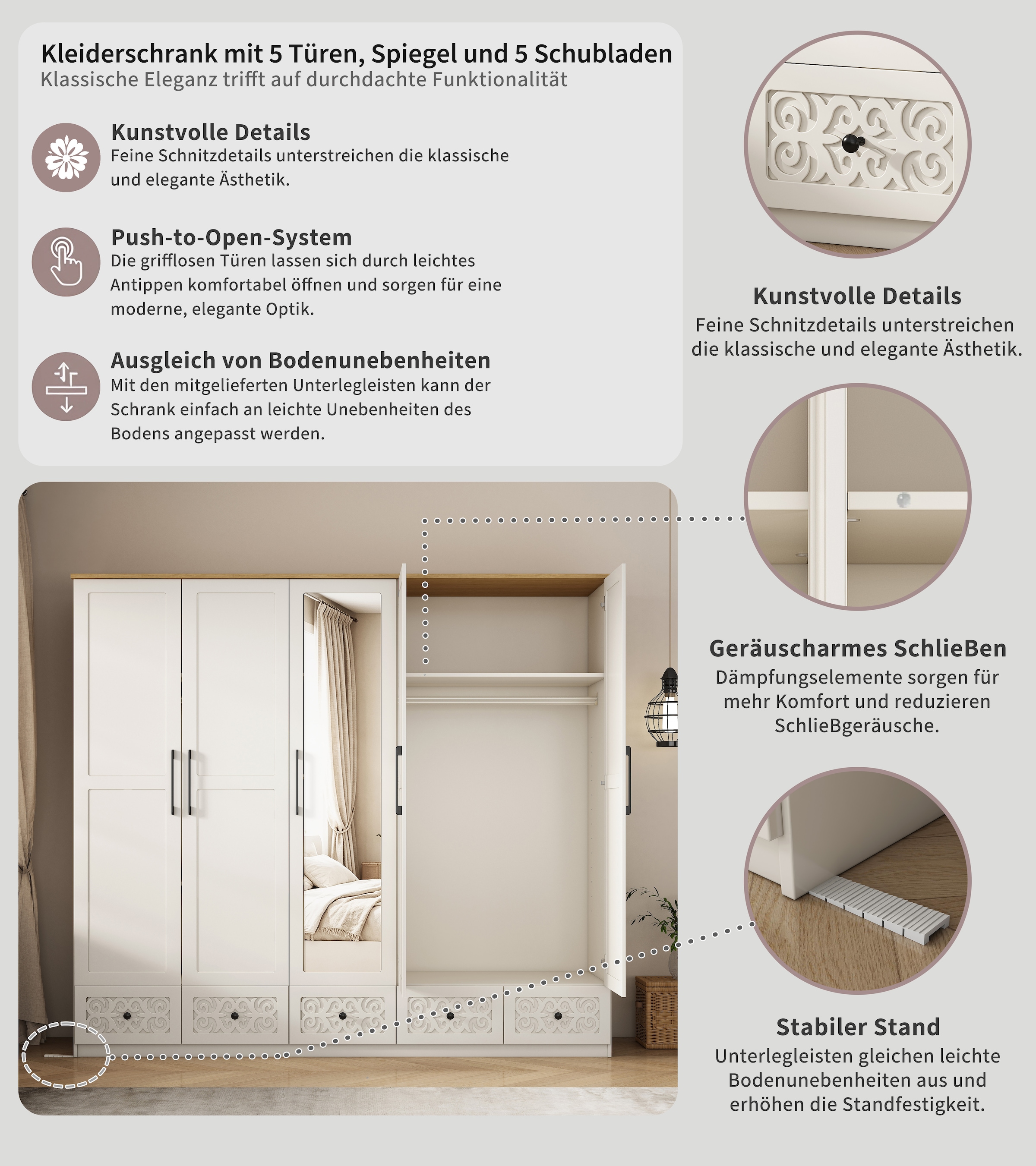 OTTO home Kleiderschrank »EZZON-KS« Landhaus Design Schlafzimmerschrank mit Verzierungen und Spiegel