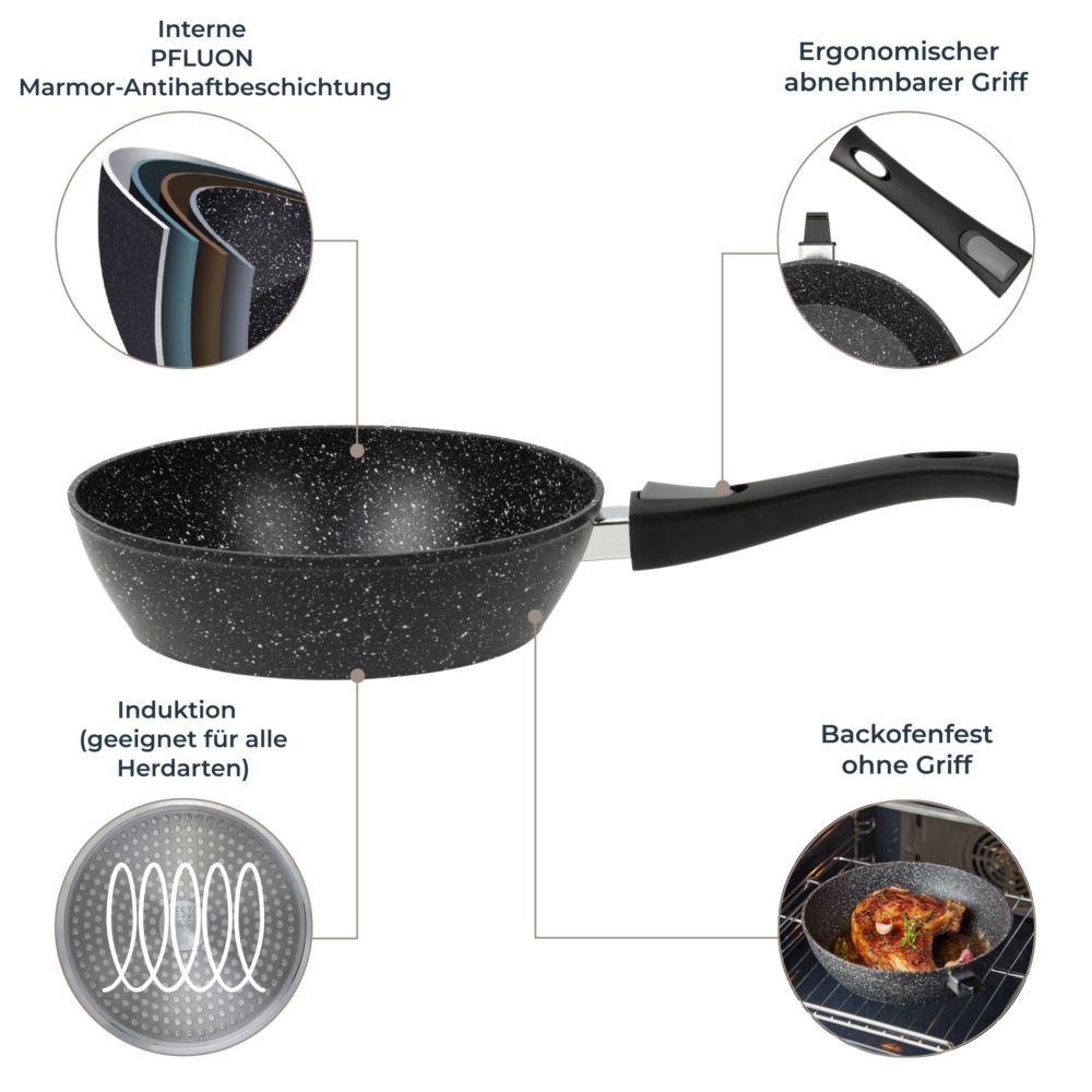 RESTO Kitchenware Bratpfanne »Leo, Wokpfanne mit vierschichtiger Marmor-Antihaftbeschichtung«, Aluminium, (1 tlg.), mit einem abnehmbaren Griff - backofenfest, spülmaschinenfest