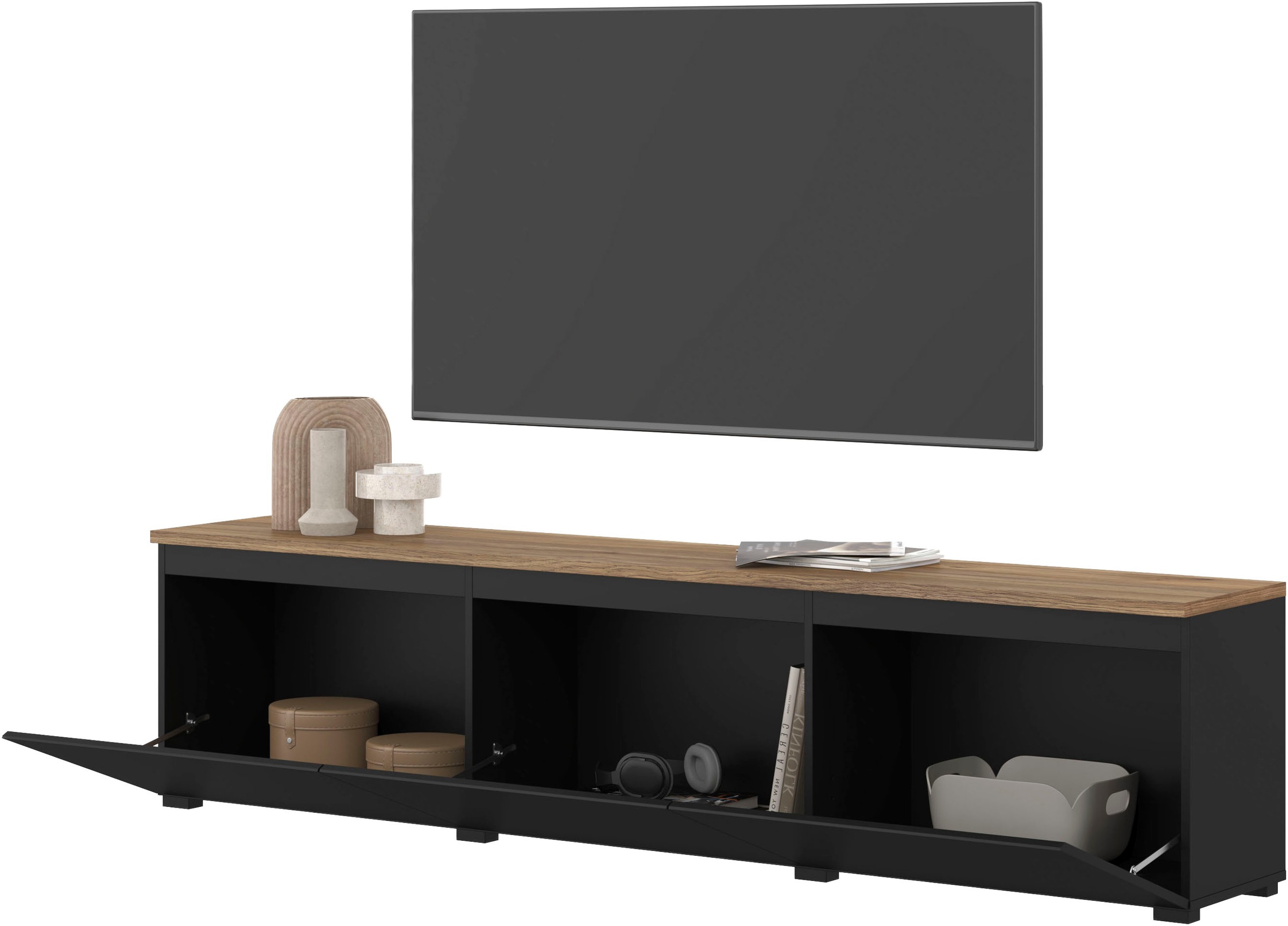 OTTO home Lowboard »Modo, Breite 200 cm, moderne grifflose TV-Kommode 3 Klappen« TV-Kommode mit viel Stauraum, TV-Bank