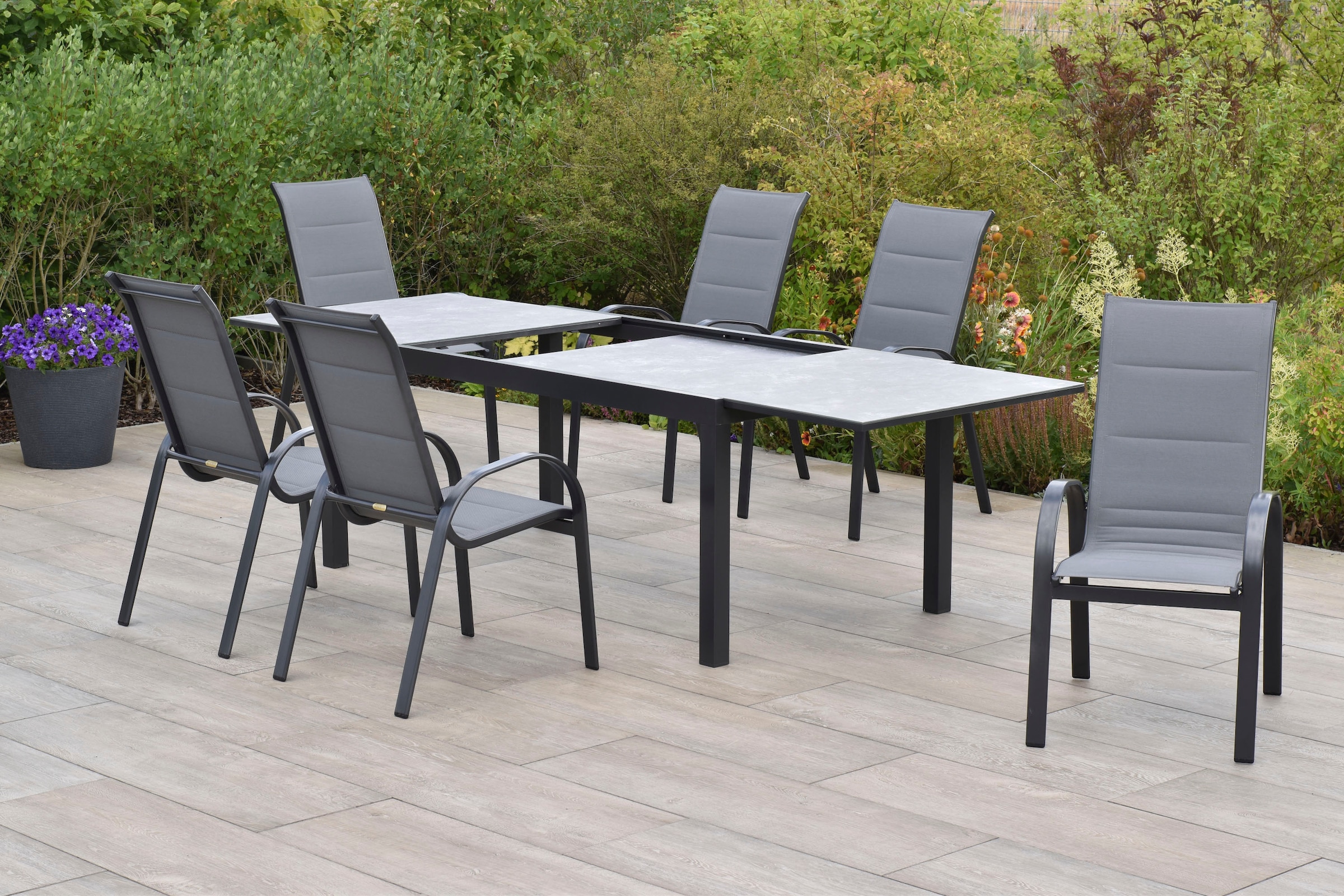 MERXX Garten-Essgruppe »»Amalfi««, (Set, 7 tlg.), Stapelsessel mit hoher Rückenlehne und Polsterung