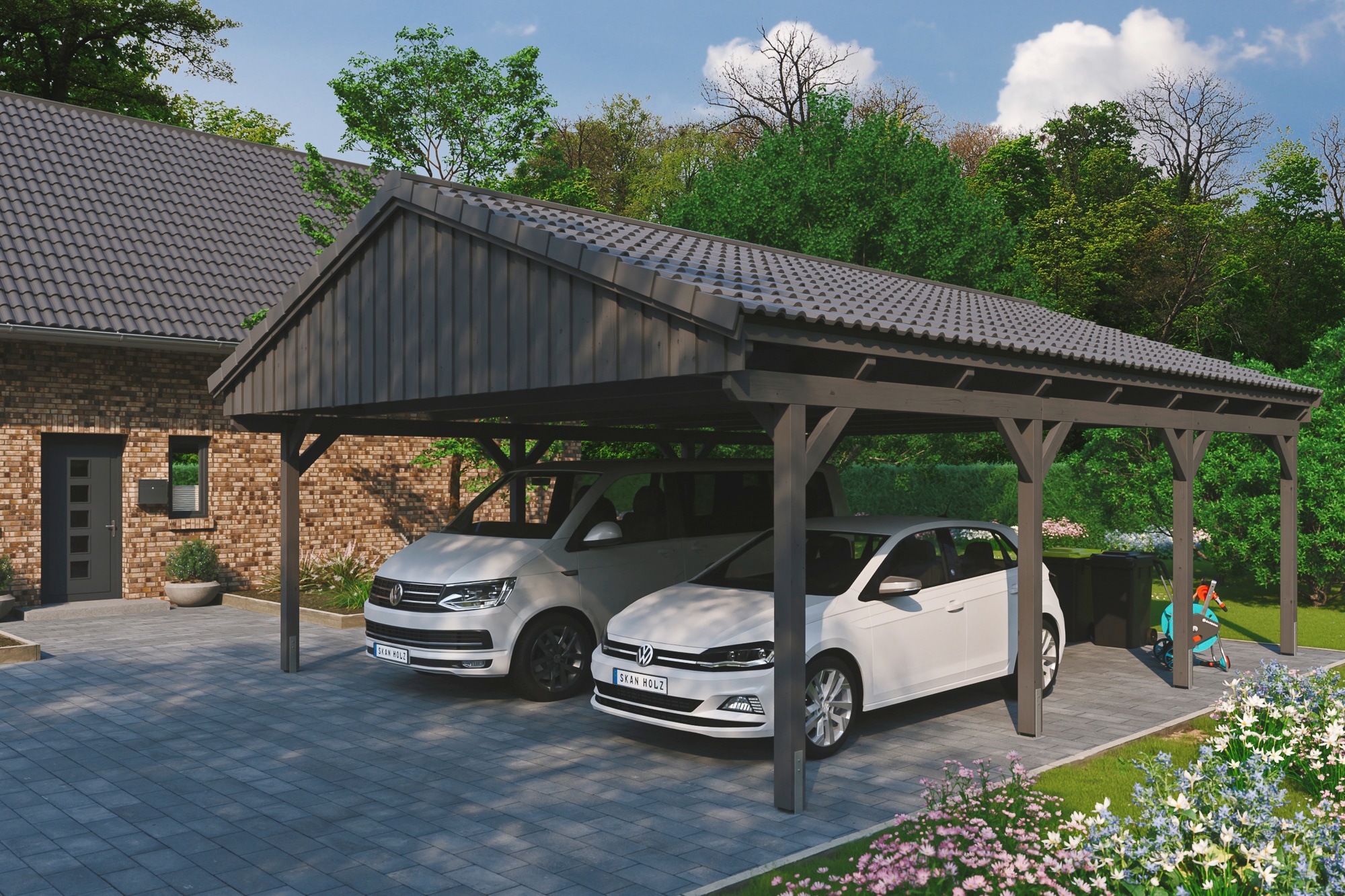 Skanholz Doppelcarport "Fichtelberg" Leimholz dunkelgrau mit Dachlattung