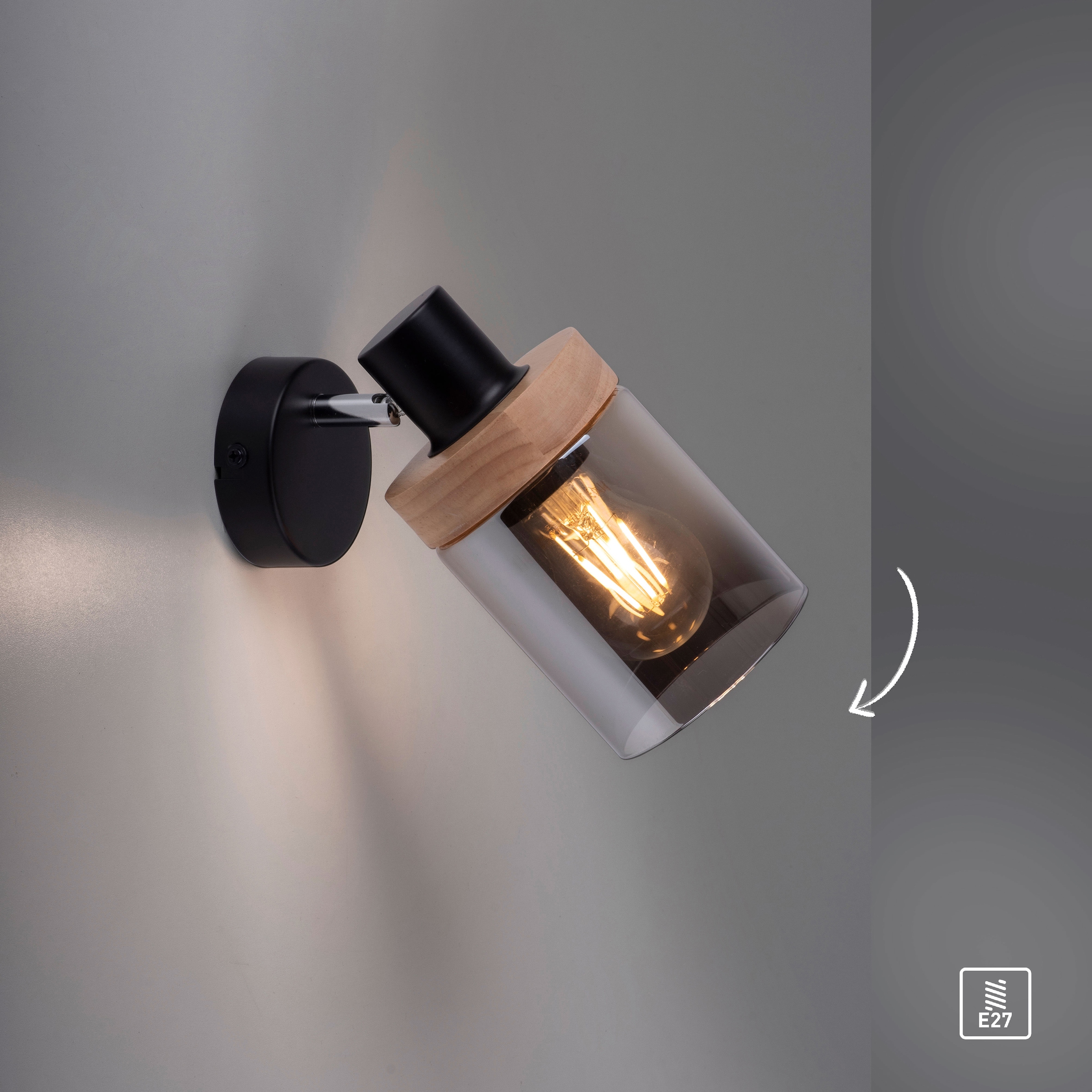 Home affaire Wandleuchte »Tendon«, 1 flammig-flammig, Wandlampe, Glas, Holz,  Rauchglas, geeignet für Leuchtmittel - E27 | Sale bei BAUR
