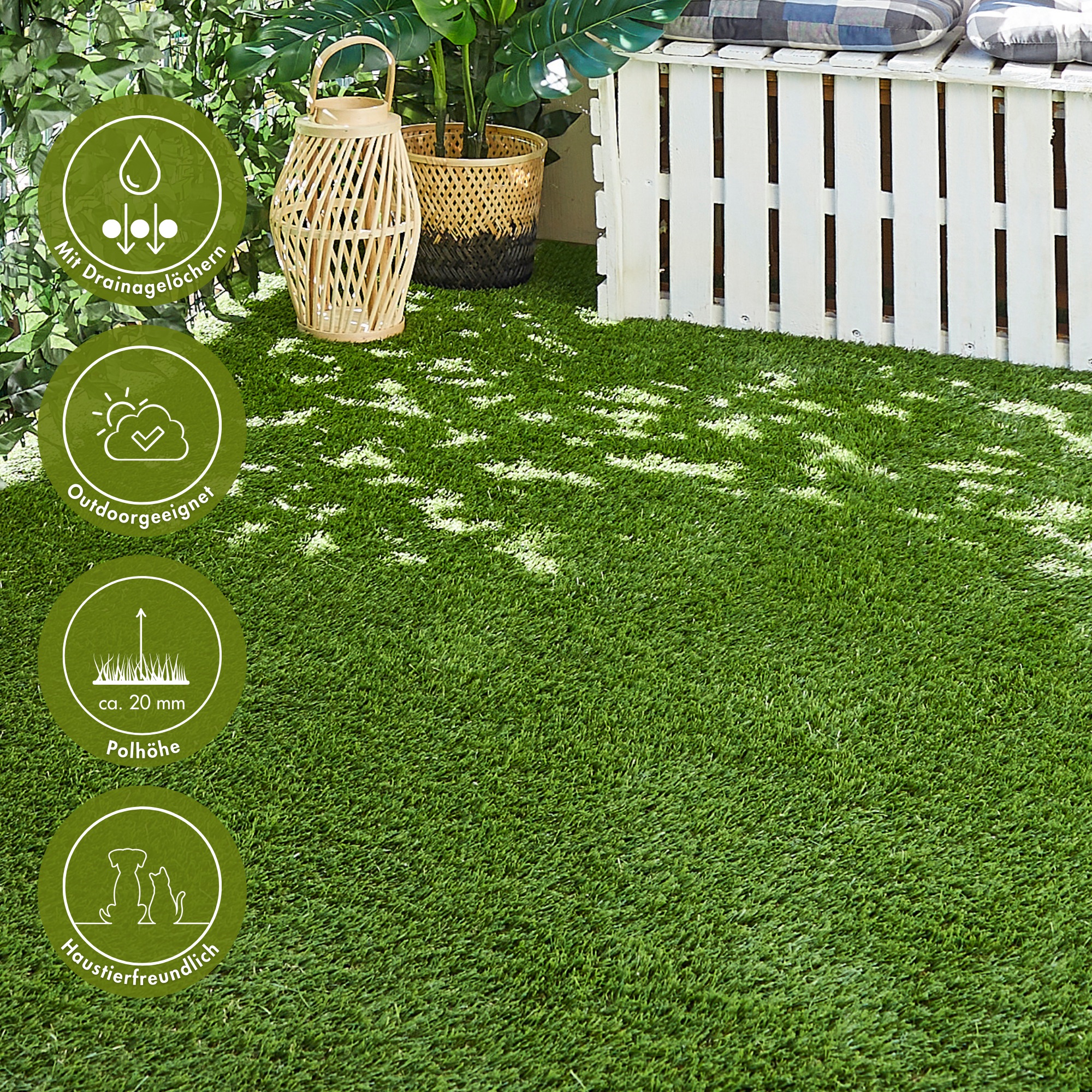 Kunstrasen OTTO HOME "Havanna, Gesamthöhe 22 mm", grün, B:200cm L:400cm, Obermaterial: 55% Polyethylen, 45% Polypropylen, Teppiche, für Balkon & Terrasse, realistische Rasenoptik, mit Drainagelöchern