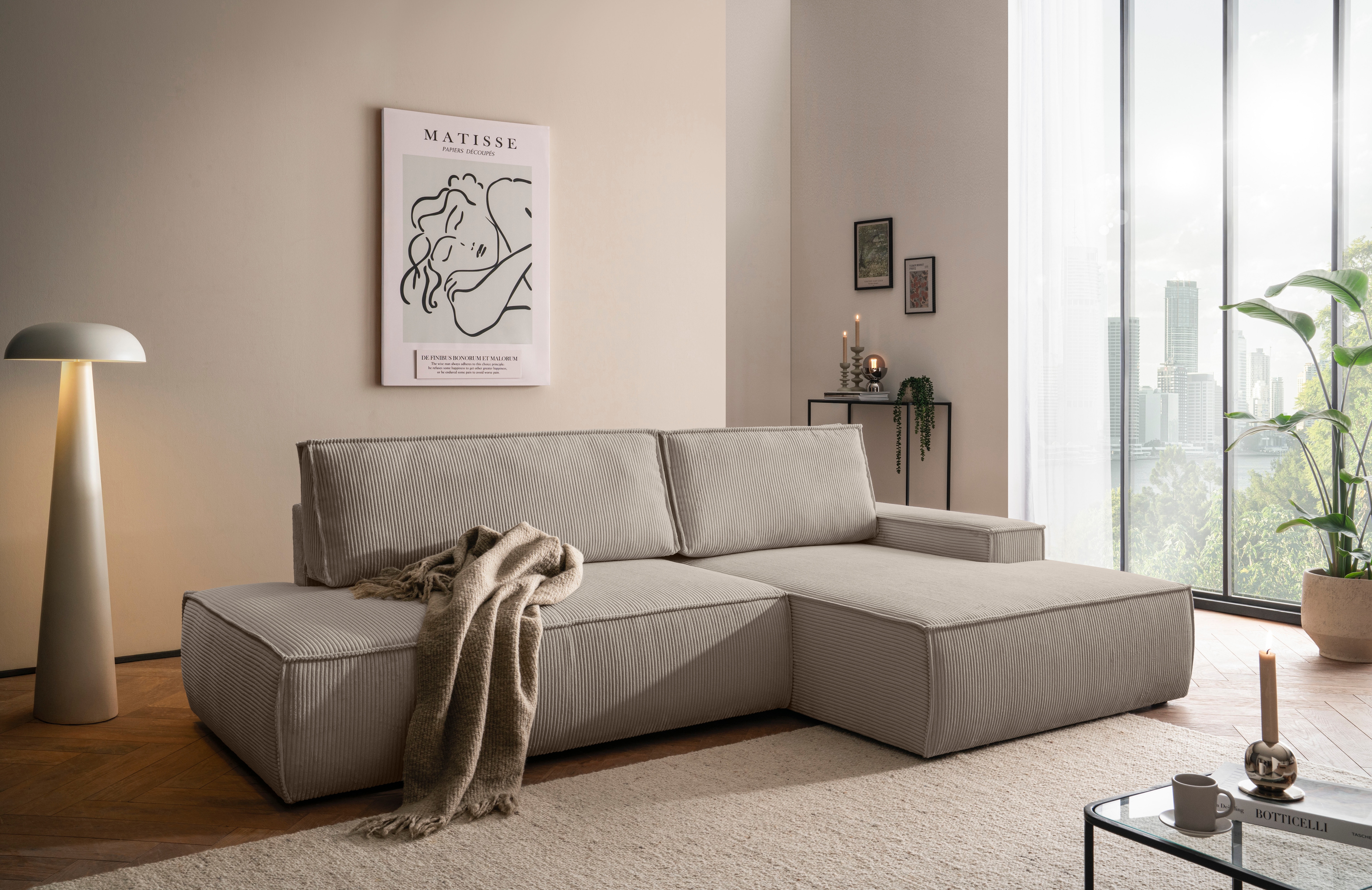 OTTO home Ecksofa "SHERWOOD Cord Schlafsofa in L-Form offen (275cm)" Schlaffunktion und Bettkasten, Kedernaht, hoher Sitz- & Liegekomfort