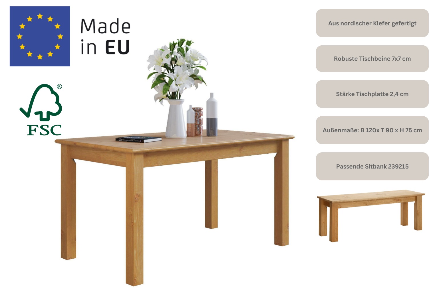 Thumbnail - Home affaire Esstisch "Konrad" aus FSC-zertifizierter Kiefer, in Breiten 120/140/160 cm