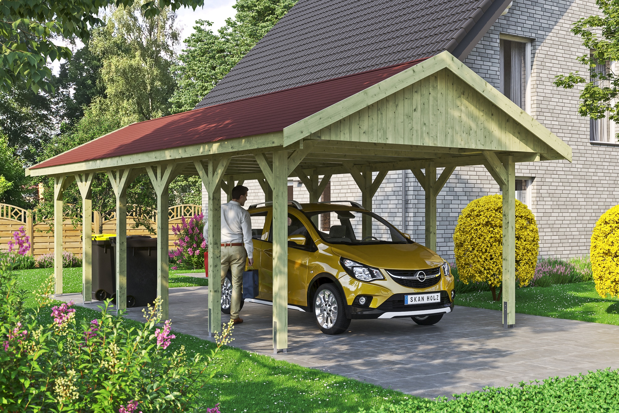 Skanholz Einzelcarport »Wallgau«, Nadelholz, 340 cm, Grün, mit roten Dachschindeln