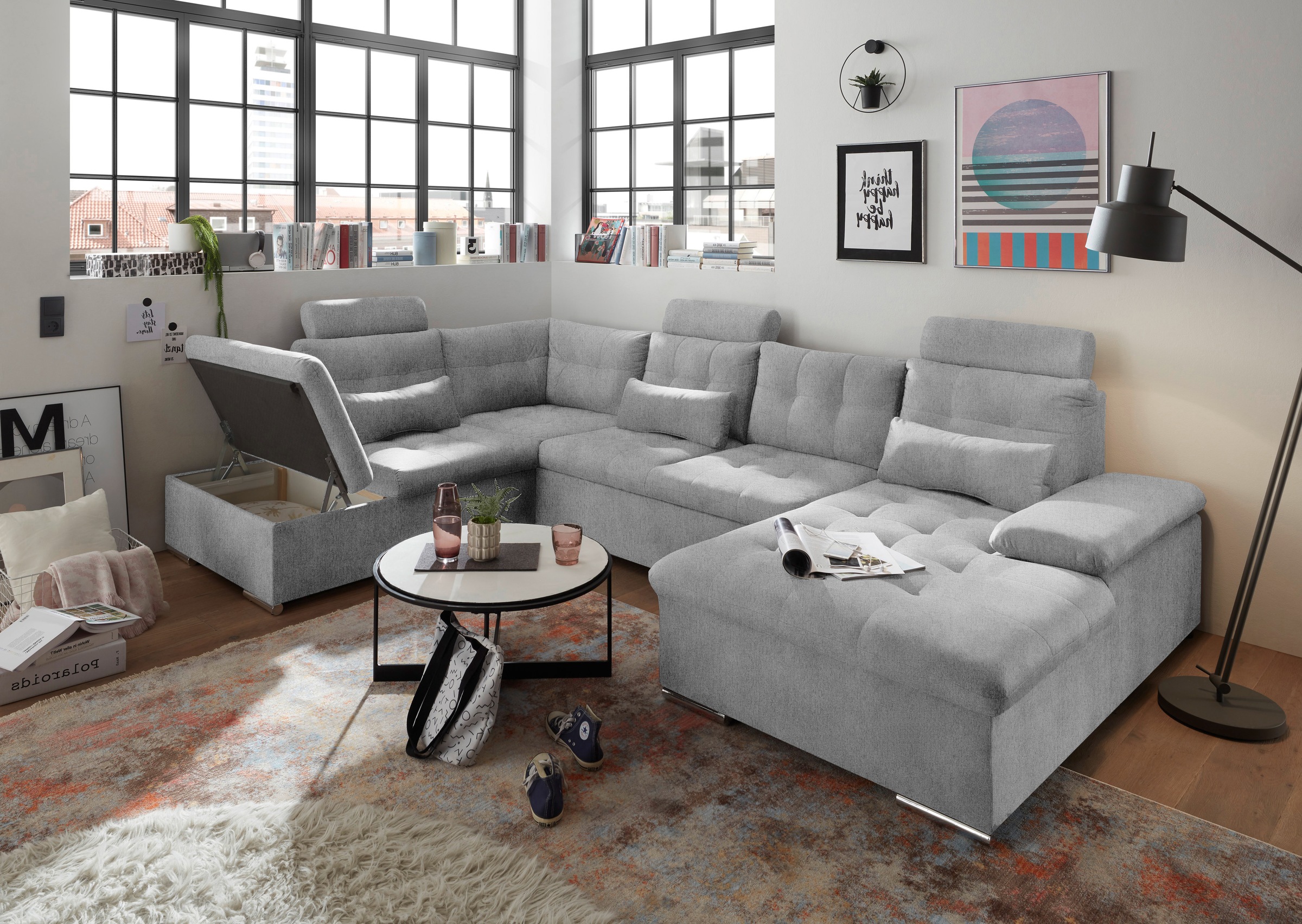 Thumbnail - ED EXCITING DESIGN Wohnlandschaft "Jakarta U-Form mit Bettfunktion, Bettkasten" Armteilverstellung, Kopfstützen & 3 Nier...