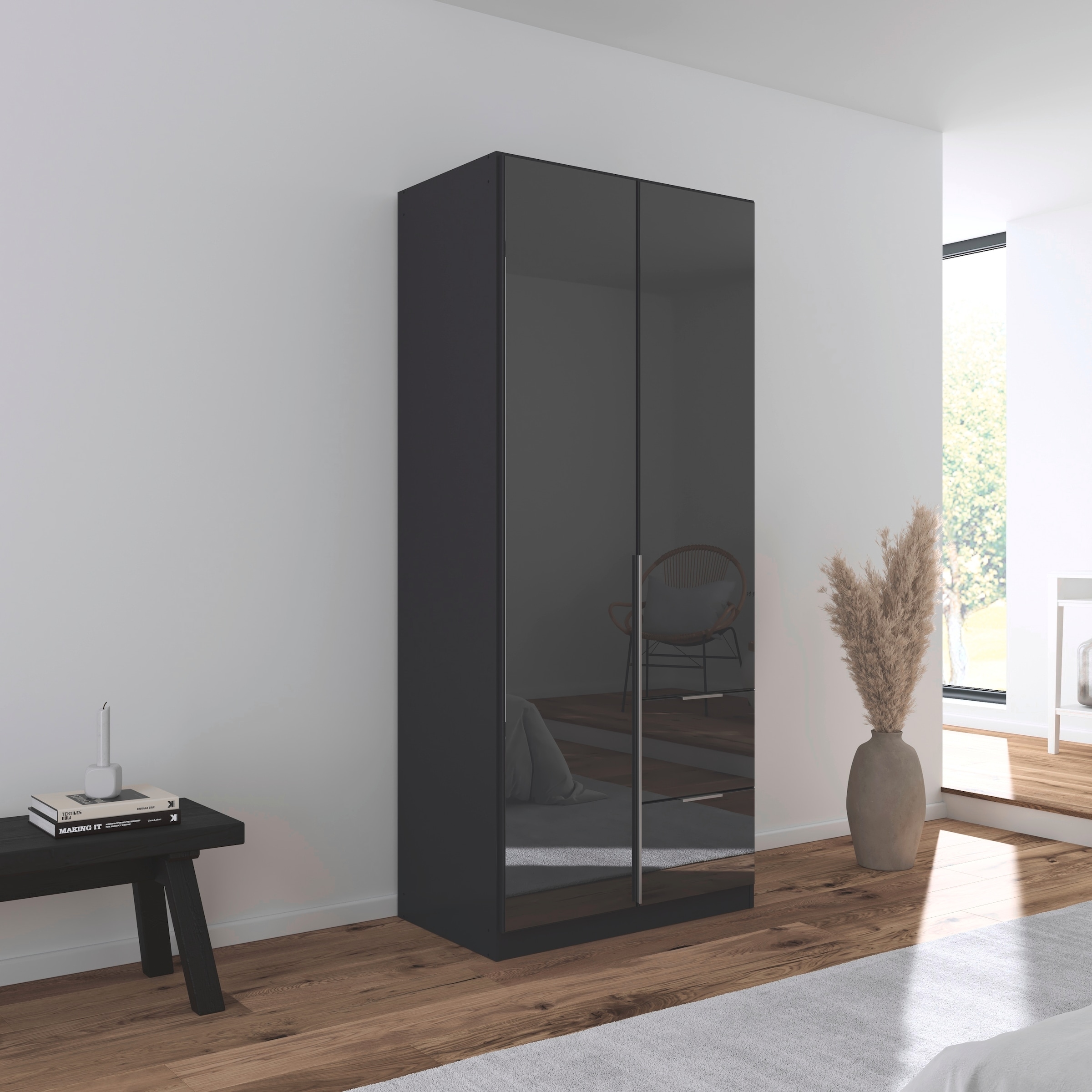 rauch Drehtürenschrank »Kleiderschrank Kleiderschränke Schrank Garderobe AGORDO mit Glasfront« in zwei Griff-Farben, Breiten 91-360 cm,  mit Außenschubkästen, in 7 Breiten und 2 Höhen MADE IN GERMANY