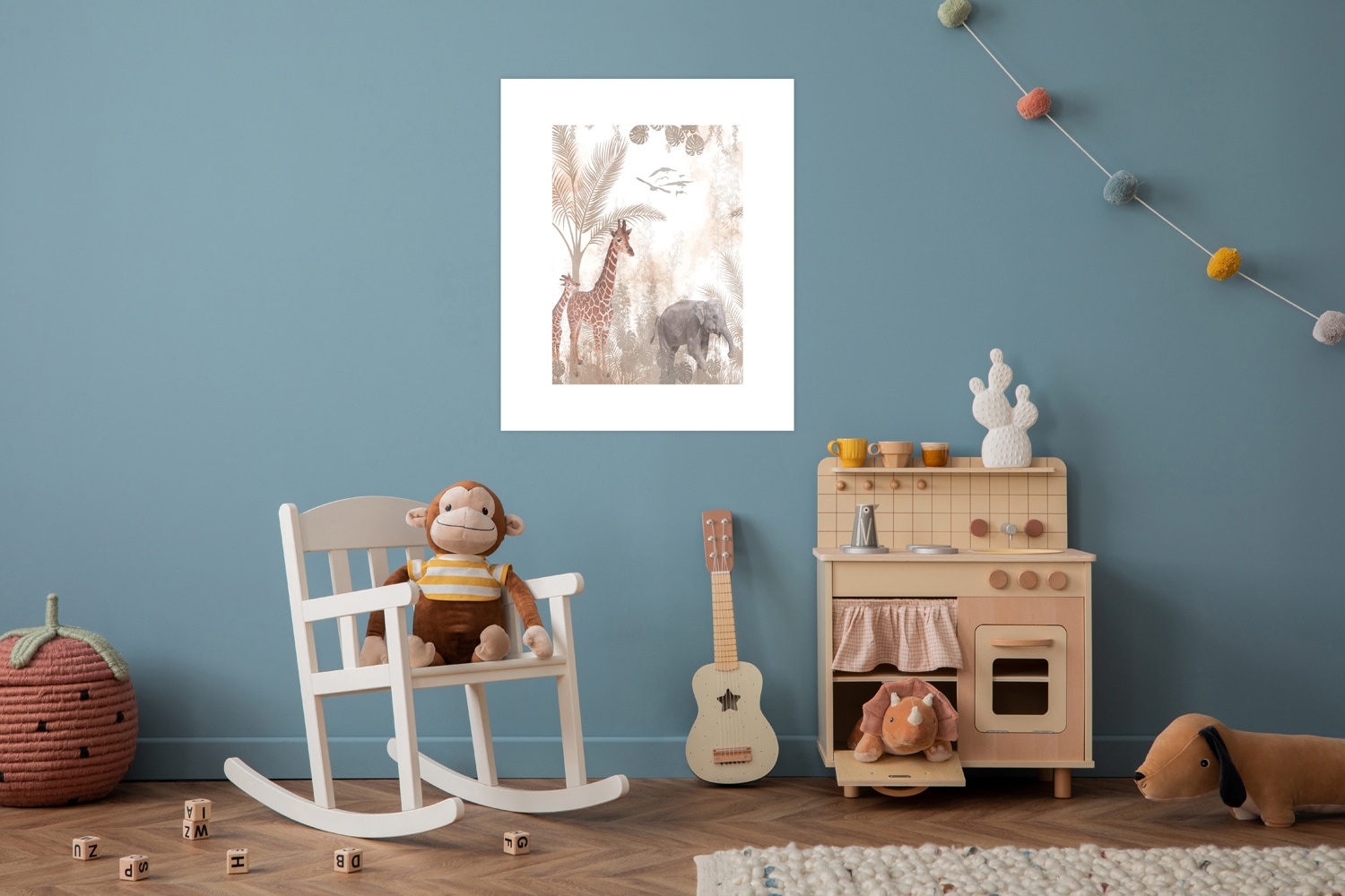 Lüttenhütt Bild mit Rahmen "oder Poster, Tiere im Dschungel" Baum Bilder von Afrika Elefant Elefanten Bilder Elephant Fantasy Giraffe Tiere 1 Stk. tlg. HD Premium Druck