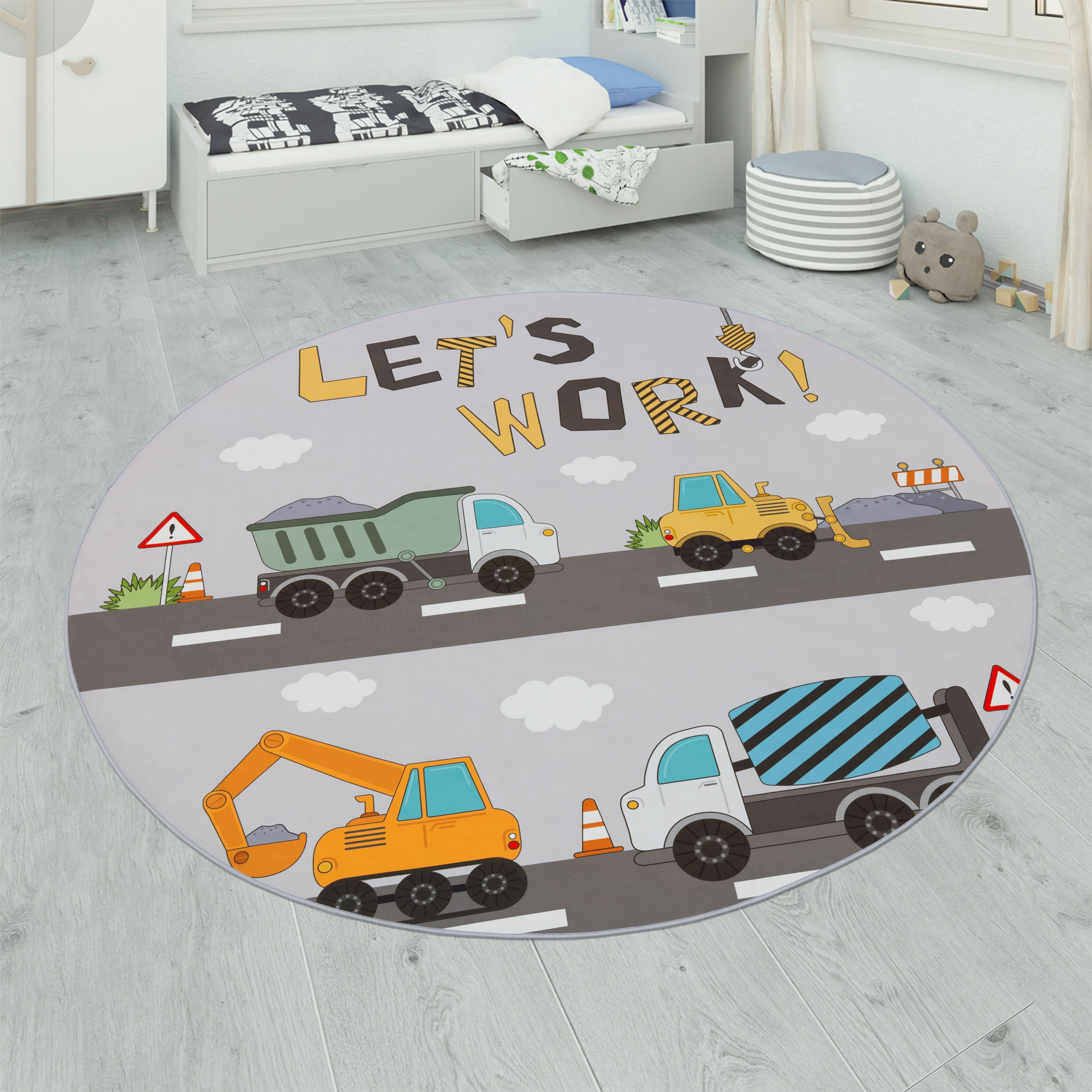 Paco Home "Bino 578" rund 4 mm Höhe Spielteppich, Motiv Autos & Baustelle, Kinderzimmer