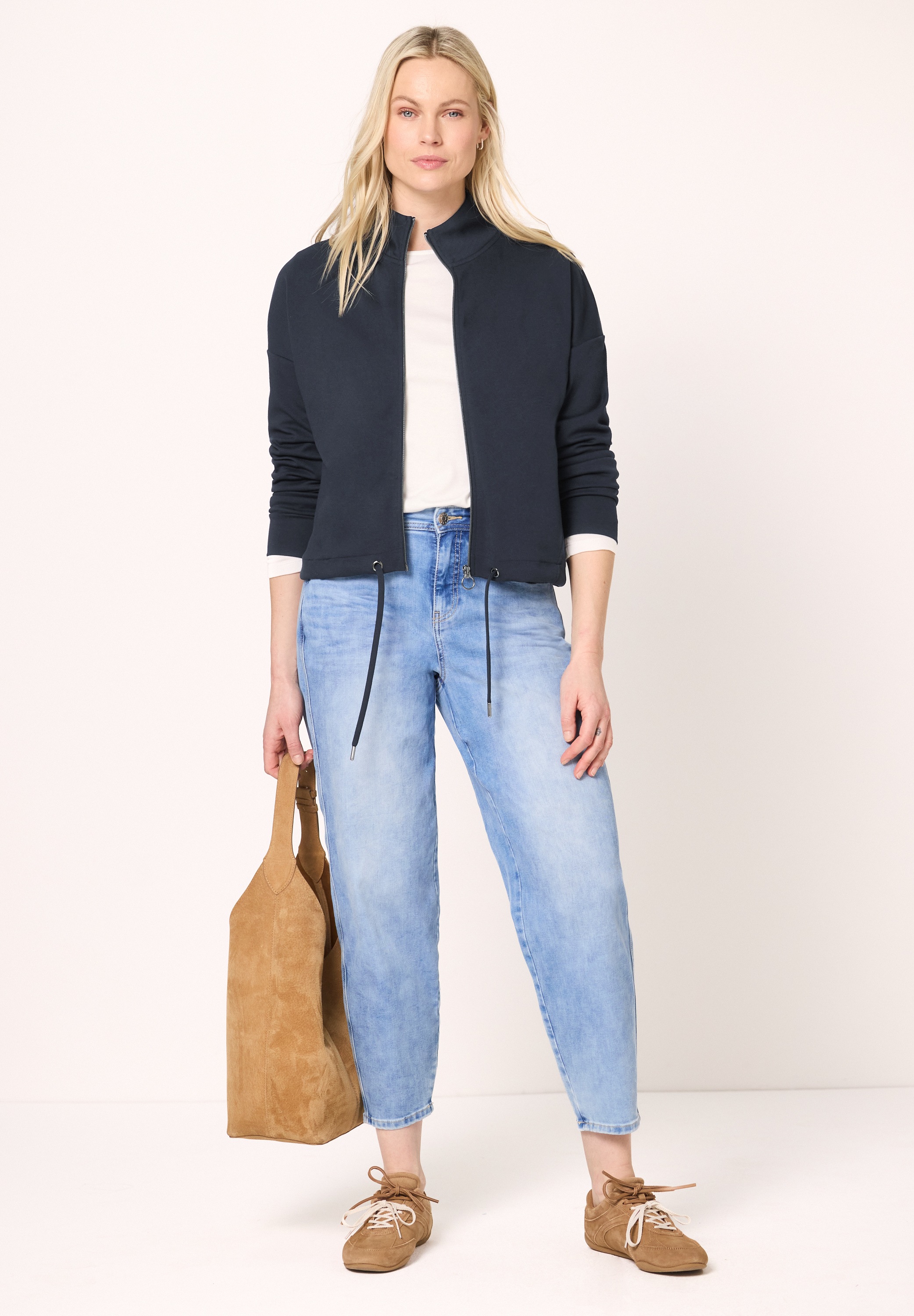 Cardigan STREET ONE, Damen, Gr. 42, shadowed navy, Stoff, 71% Polyester, 26% Viskose, 3% Elasthan, unifarben, normal normal, hoch geschlossener Ausschnitt, Bündchen, Strickjacken, Jersey 3