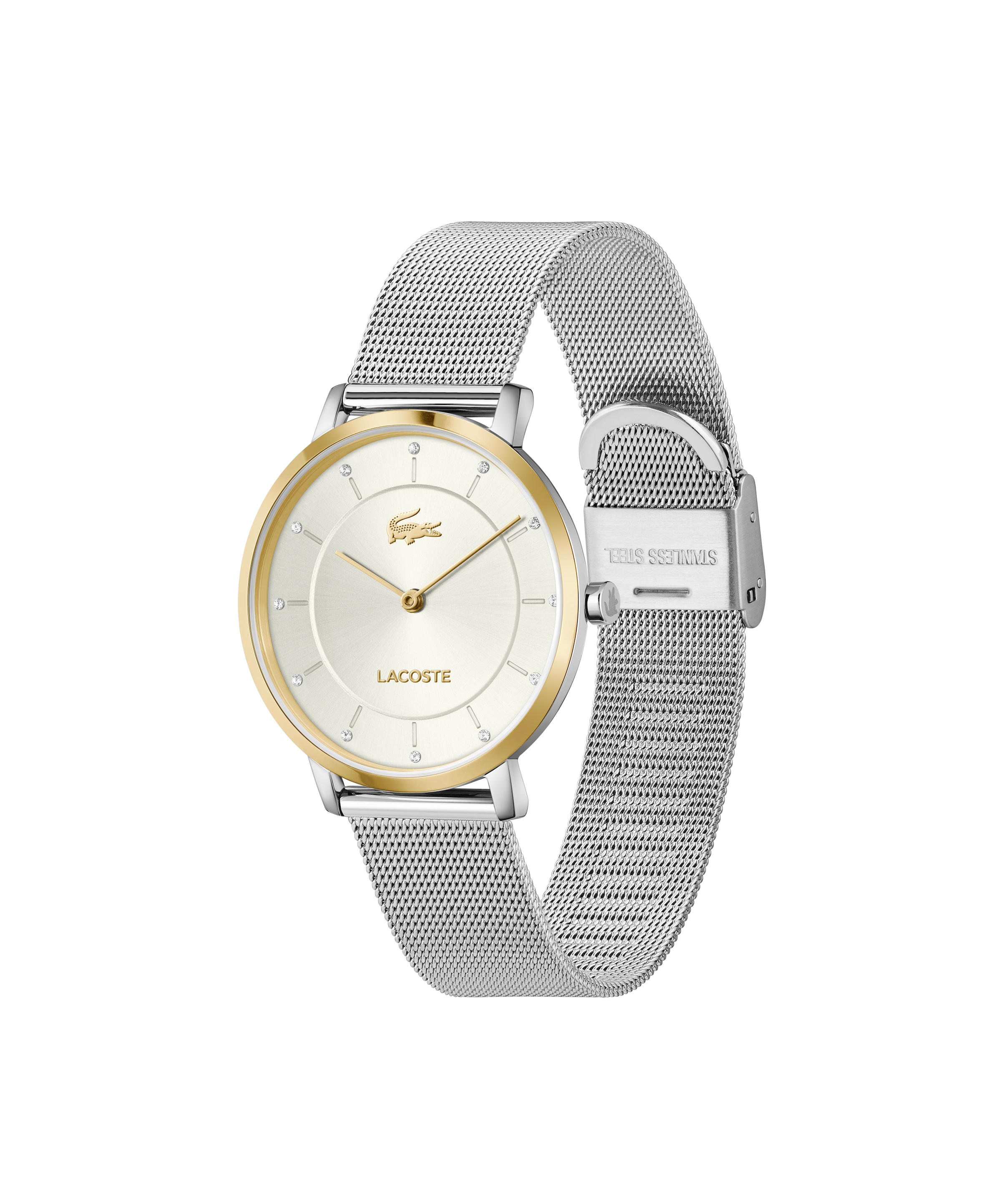 Lacoste Quarzuhr »CROCORIGIN« Armbanduhr, Damenuhr, Edelstahlarmband, analog, Glassteine