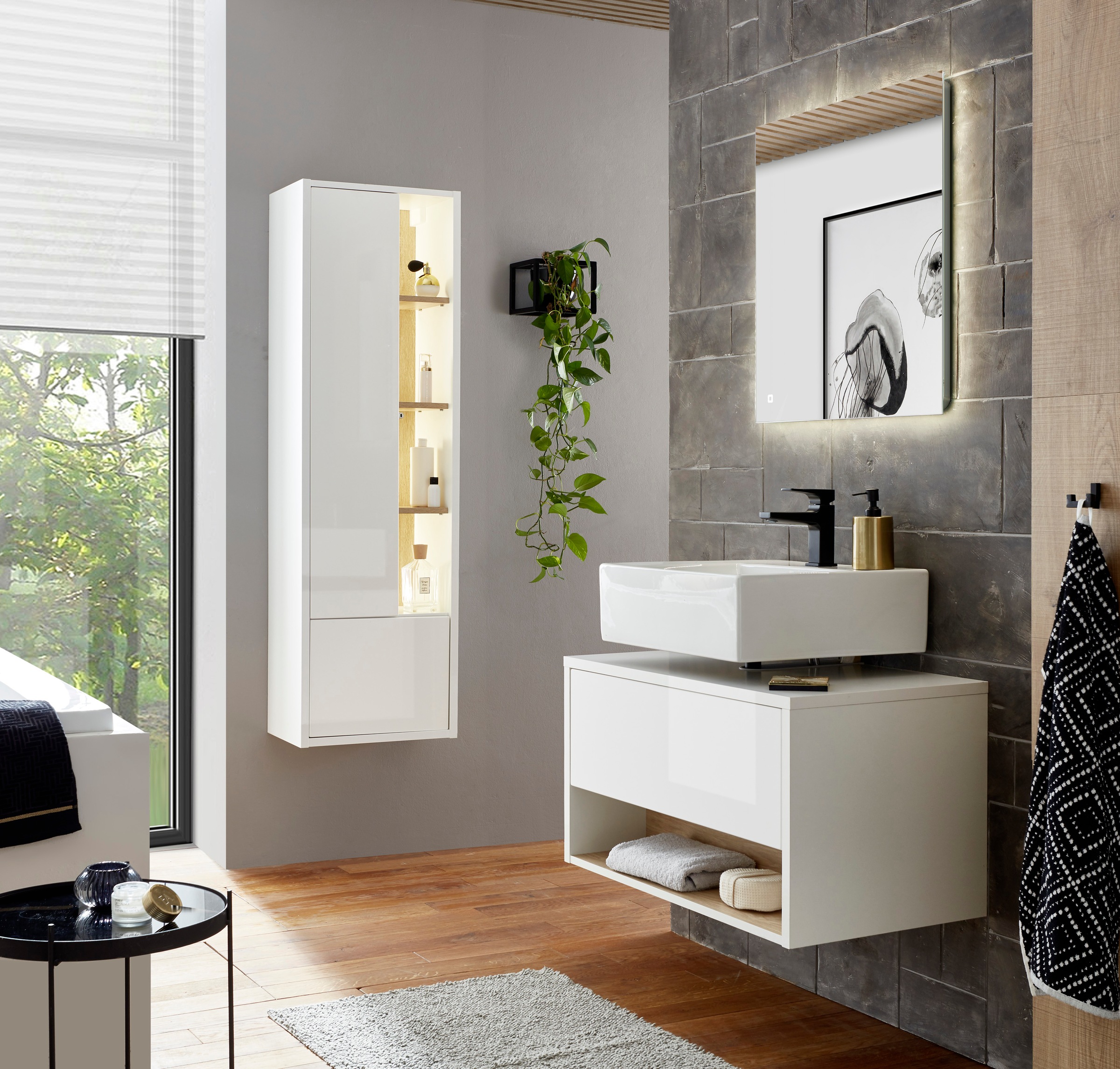 Places of Style Badmöbel-Set »Studio Line, Bad im modernen Design, 3-teiliges Badezimmer«, (3 St.), Schrank, Unterschrank und Spiegel, in zwei Farben verfügbar, Stauraum