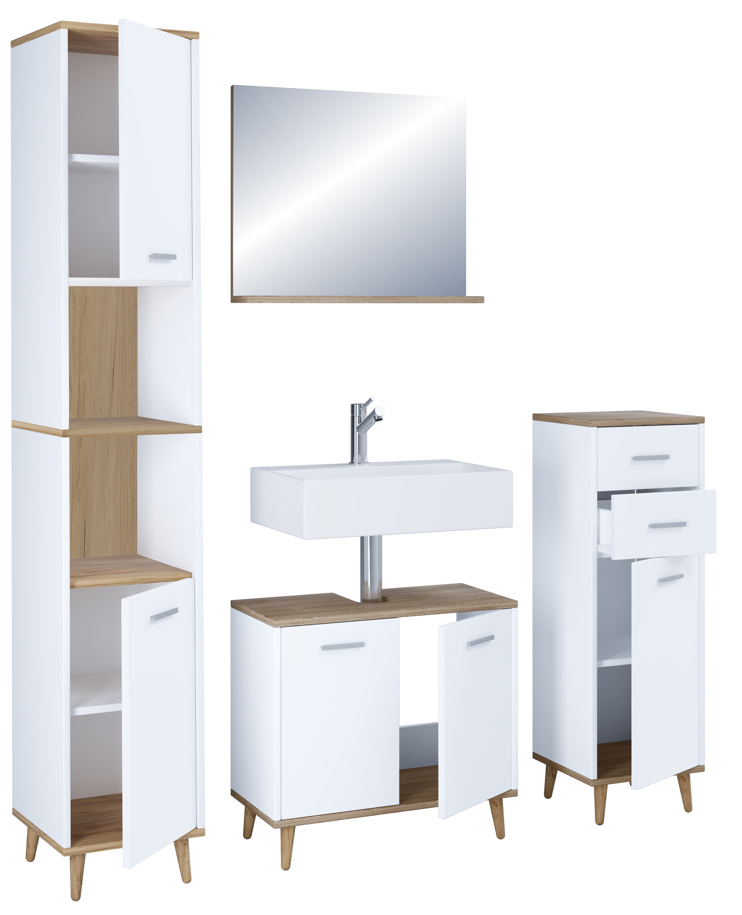 VCM Waschbeckenunterschrank »VCM 4-tlg. Badmöbelset | Badmöbel | Set aus Unterschrank, Midischrank, Hochschrank und Spiegel | Badezimmermöbel - Landos« 4 Stk. tlg.