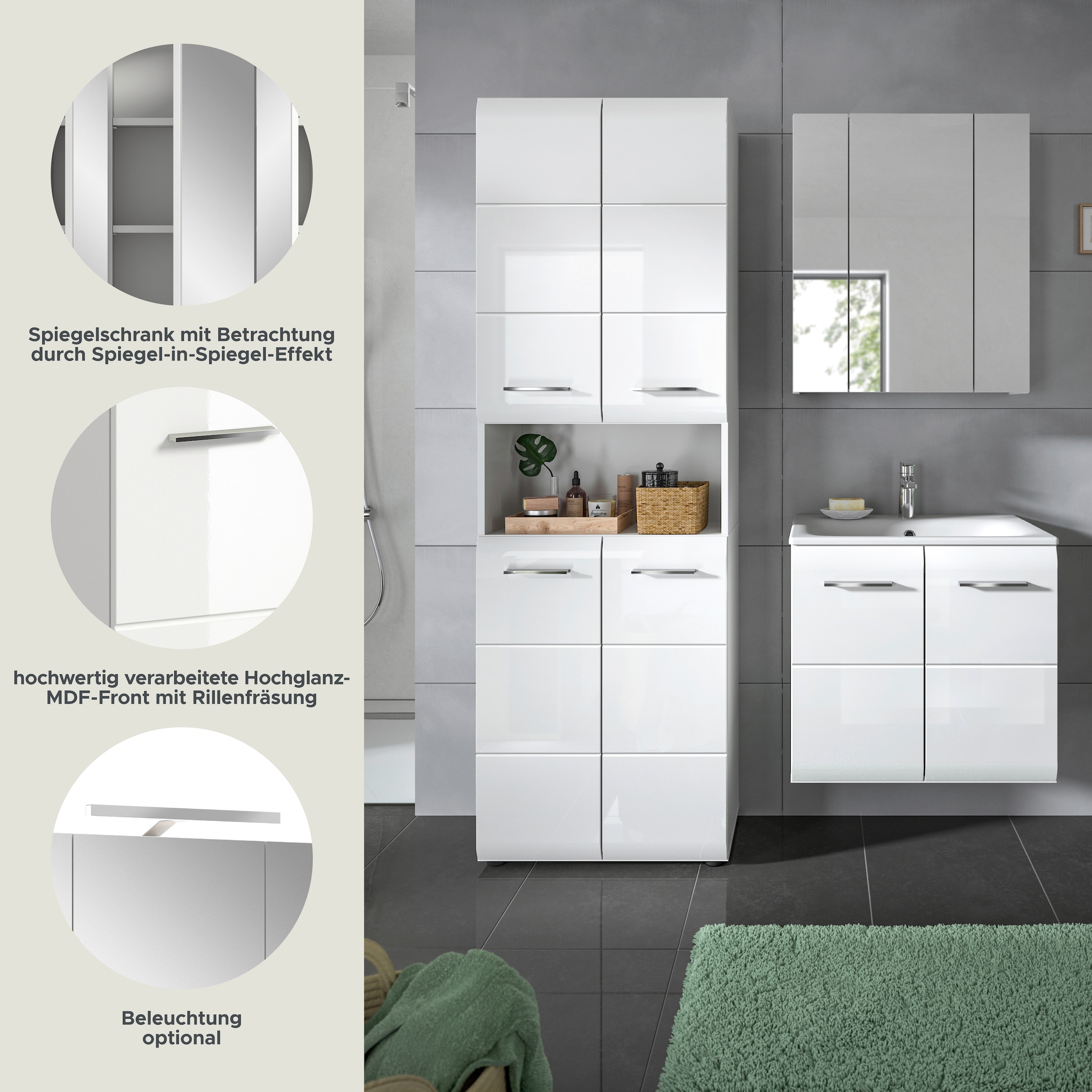 INOSIGN Badezimmer-Set, (Set, 4 St.), Florenz, Badkombination 4-tlg.,Weiß hochglanz, inkl. Waschbecken