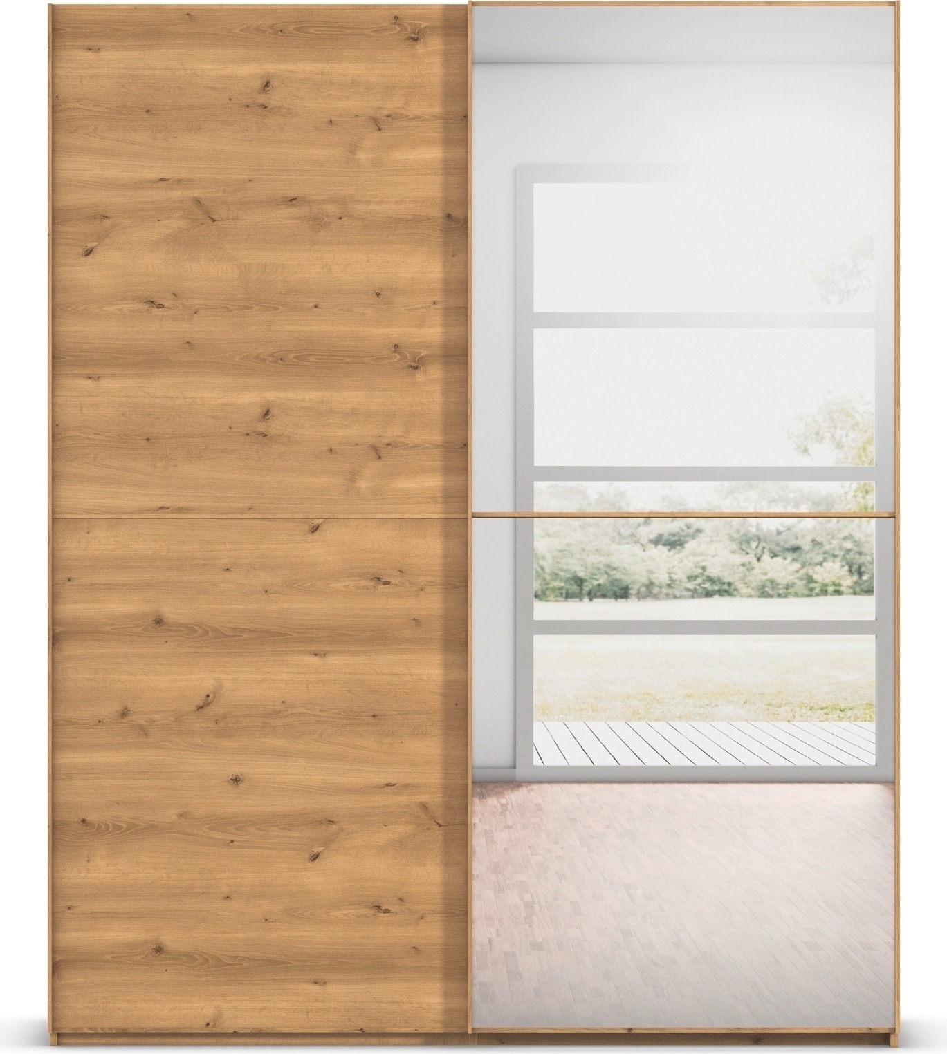 rauch Schwebetürenschrank »Kleiderschrank Schrank Garderobe Schlafzimmerschrank SCALE-DUO«, edle zweigeteilte Türen, Spiegel und 3 Zierleisten MADE IN GERMANY