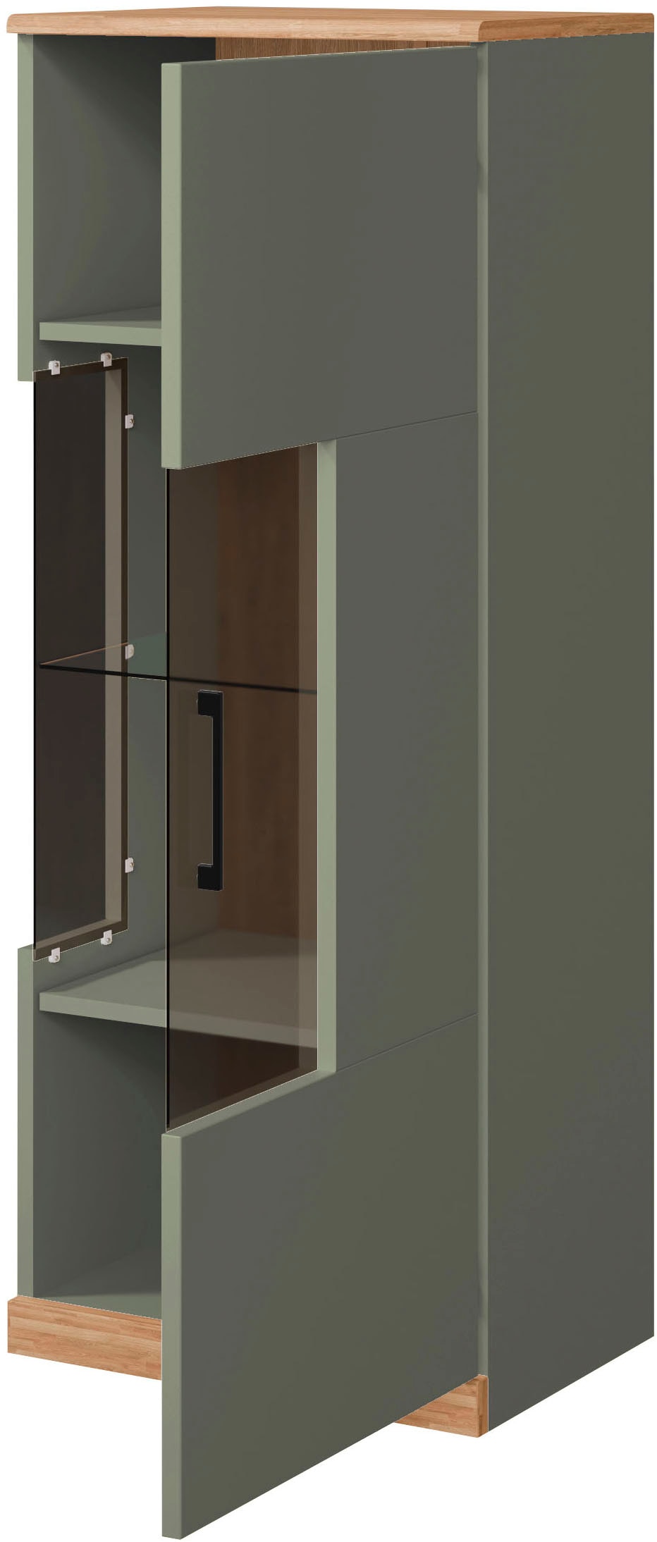 Home affaire Vitrine »Ribe,125cm hoch,4 Fächer,1Glasboden variabel einsetzbar«, Oberplatte Eiche massiv,dunkles Glas, schwarze Metall Griffe