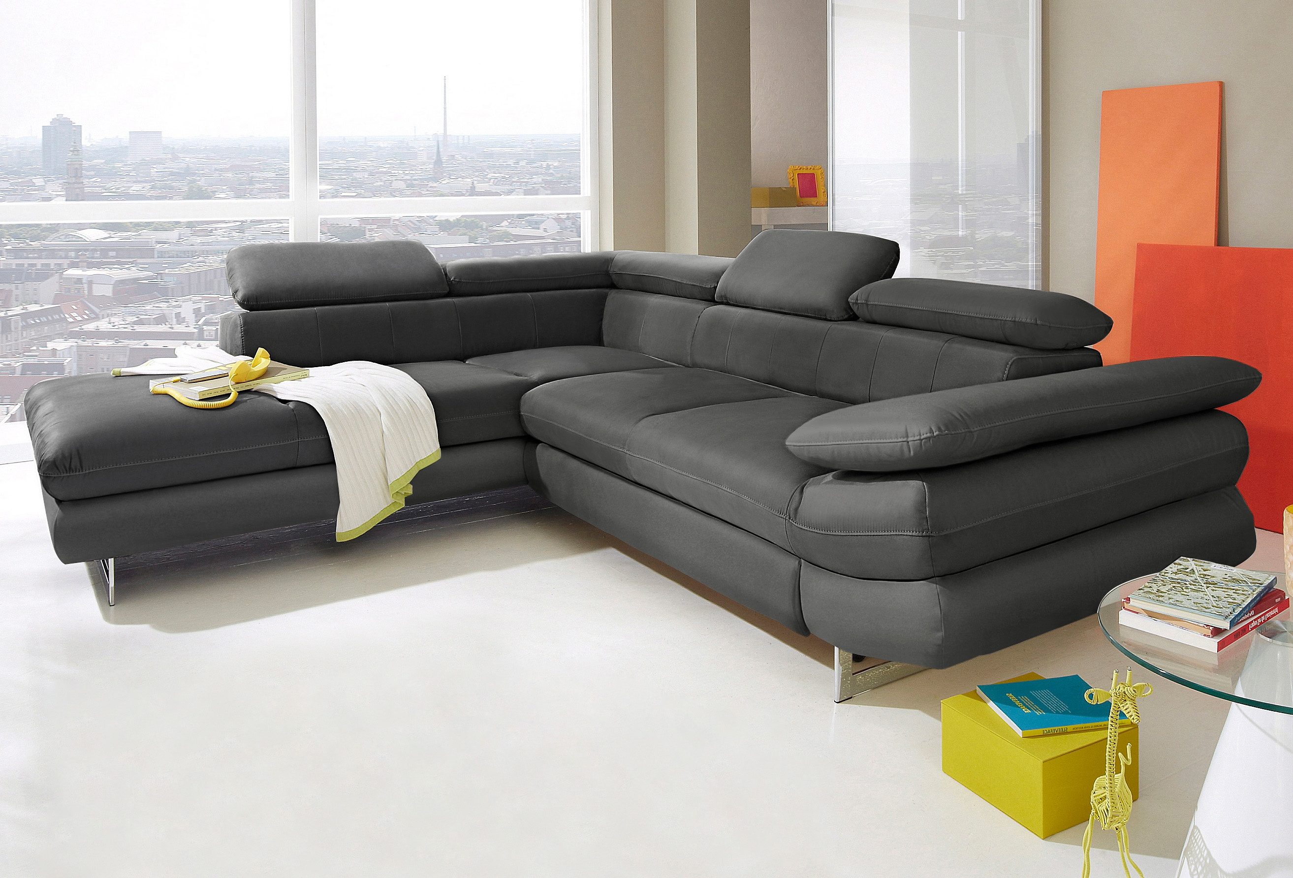 COTTA Ecksofa "Solution L-Form, Design Sofa, bequeme Wellenunterfederung, Design Fuß" mit Arm- & Kopfteilverstellung, wahlweise mit Schlaffunktion