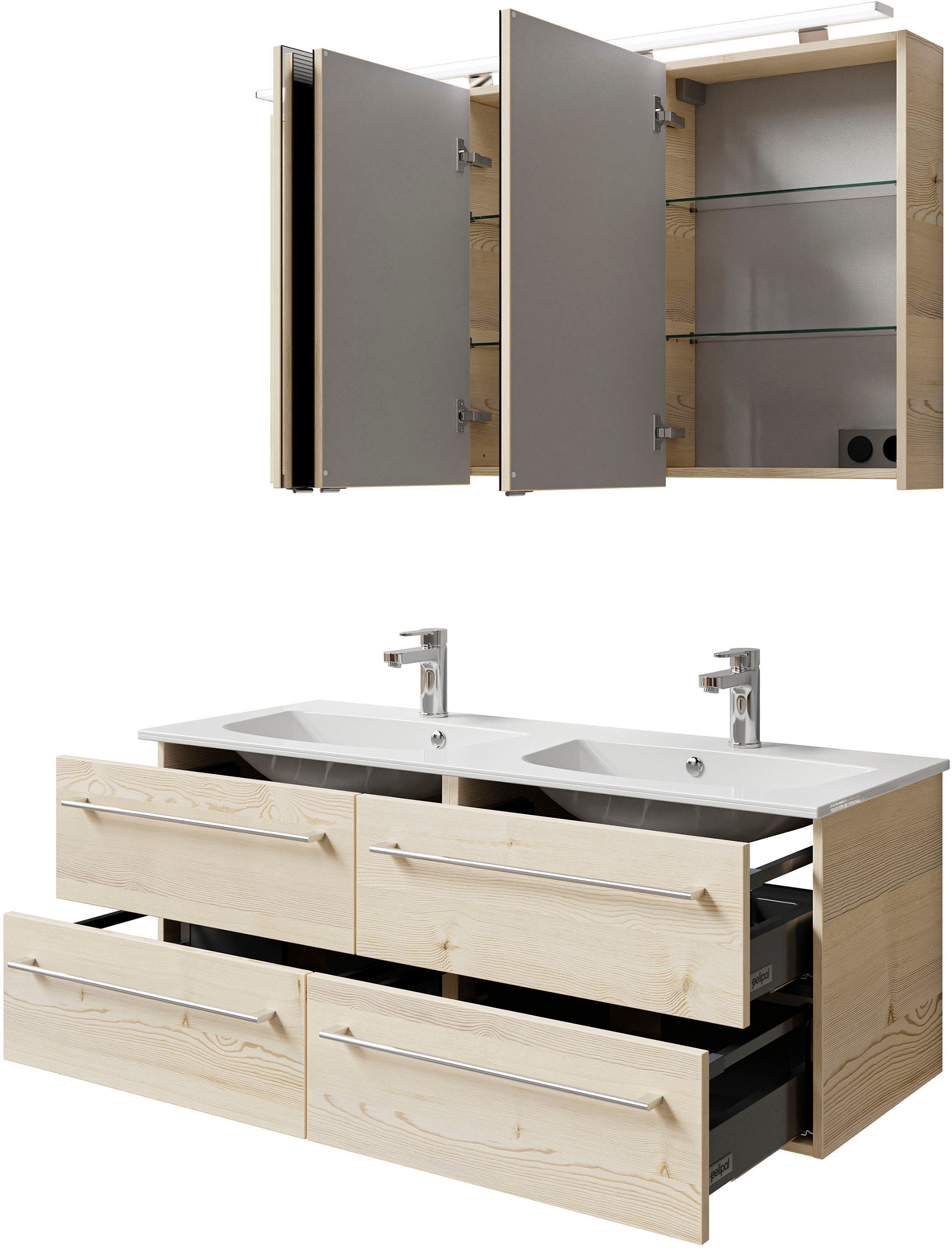 Saphir Badmöbel-Set »Serie 6025 2-teilig Mineralmarmor-Waschtisch mit LED-Spiegelschrank«, (2 St.), Waschplatz 132cm breit, 4 Schubladen, 2 Spiegel-Türen, inkl Türdämpfer